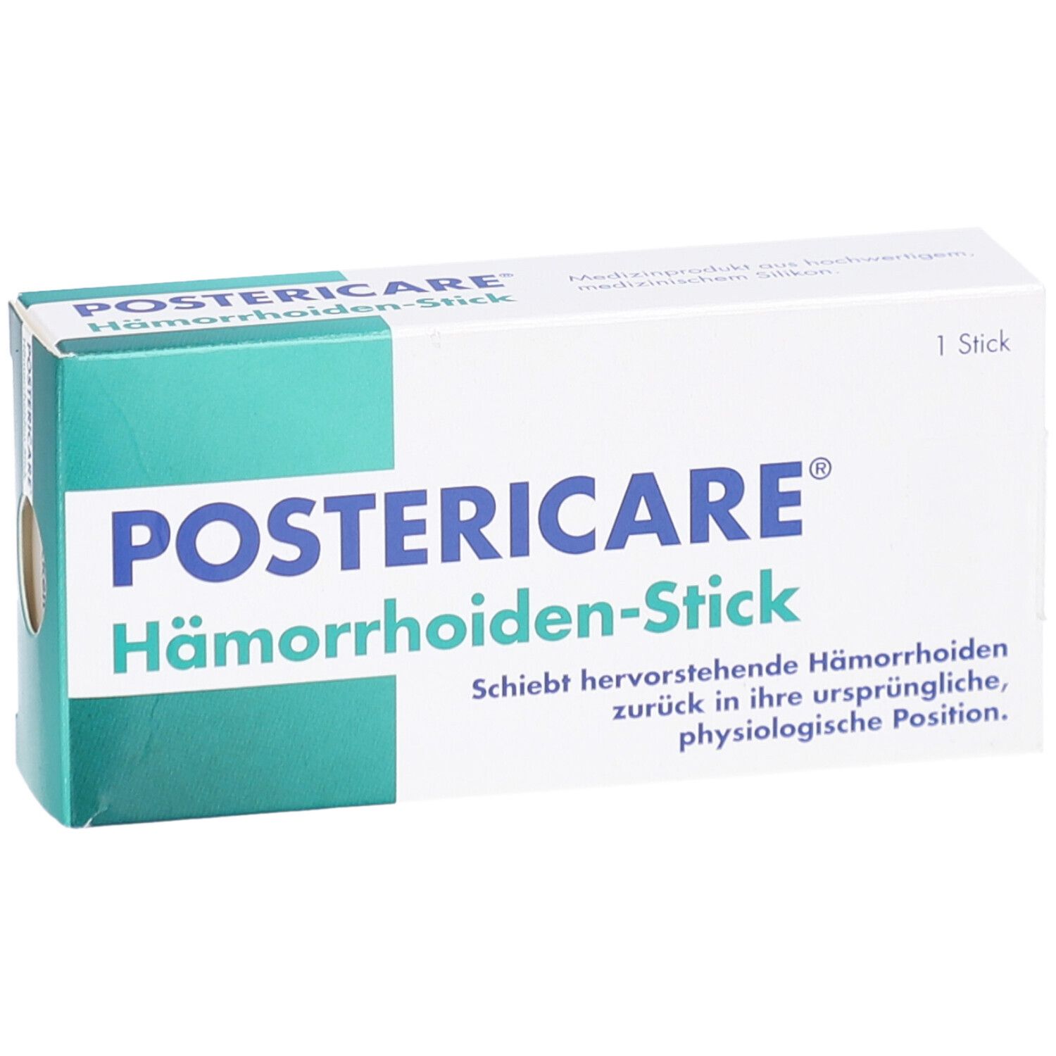 Weiße Schachtel mit grünem Streifen. Aufschrift POSTERICARE Hämorrhoiden-Stick. 1 Stick.