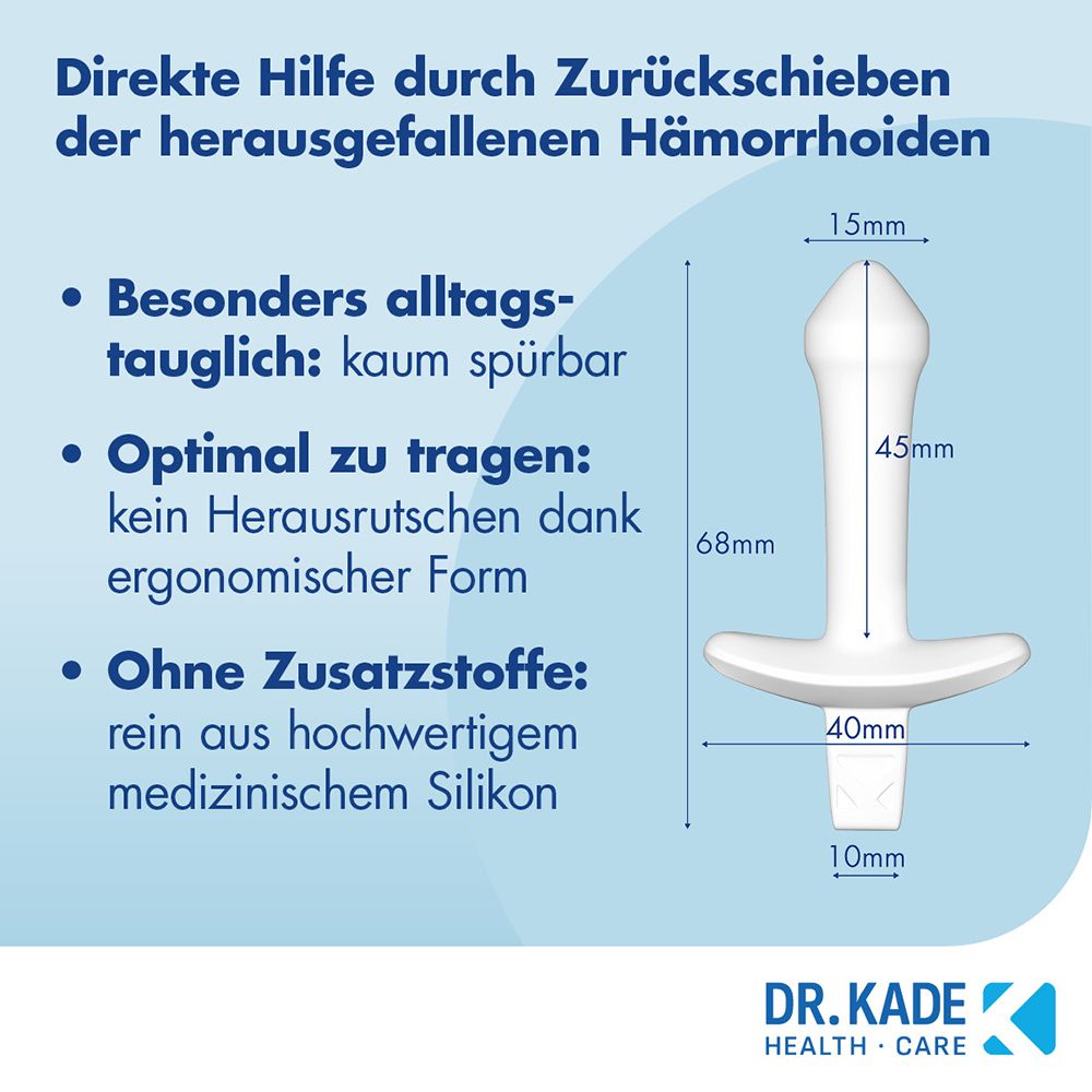 Maße des POSTERICARE Hämorrhoiden-Sticks: 68mm Gesamtlänge, 15mm Breite oben, 40mm Griffbreite.