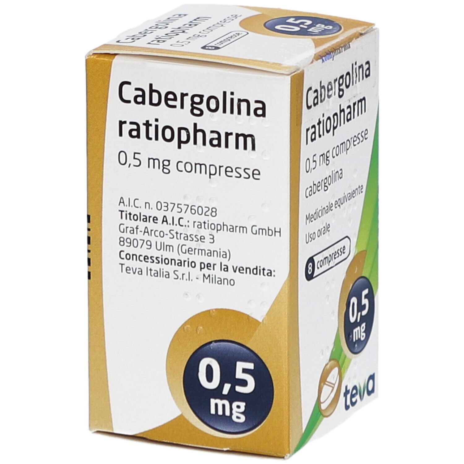 Schachtel mit Tabletten. Aufschrift: Cabergolina ratiopharm 0,5 mg compresse. 8 Tabletten. Teva-Logo.