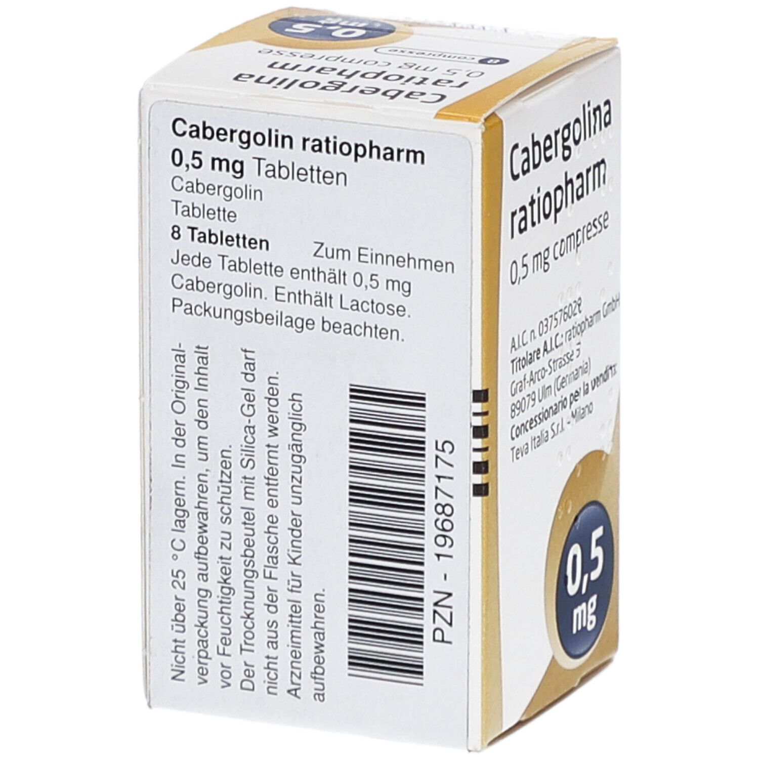 Schachtel mit Tabletten. Aufschrift: Cabergolina ratiopharm 0,5 mg Tabletten. 8 Tabletten. PZN-19687175.