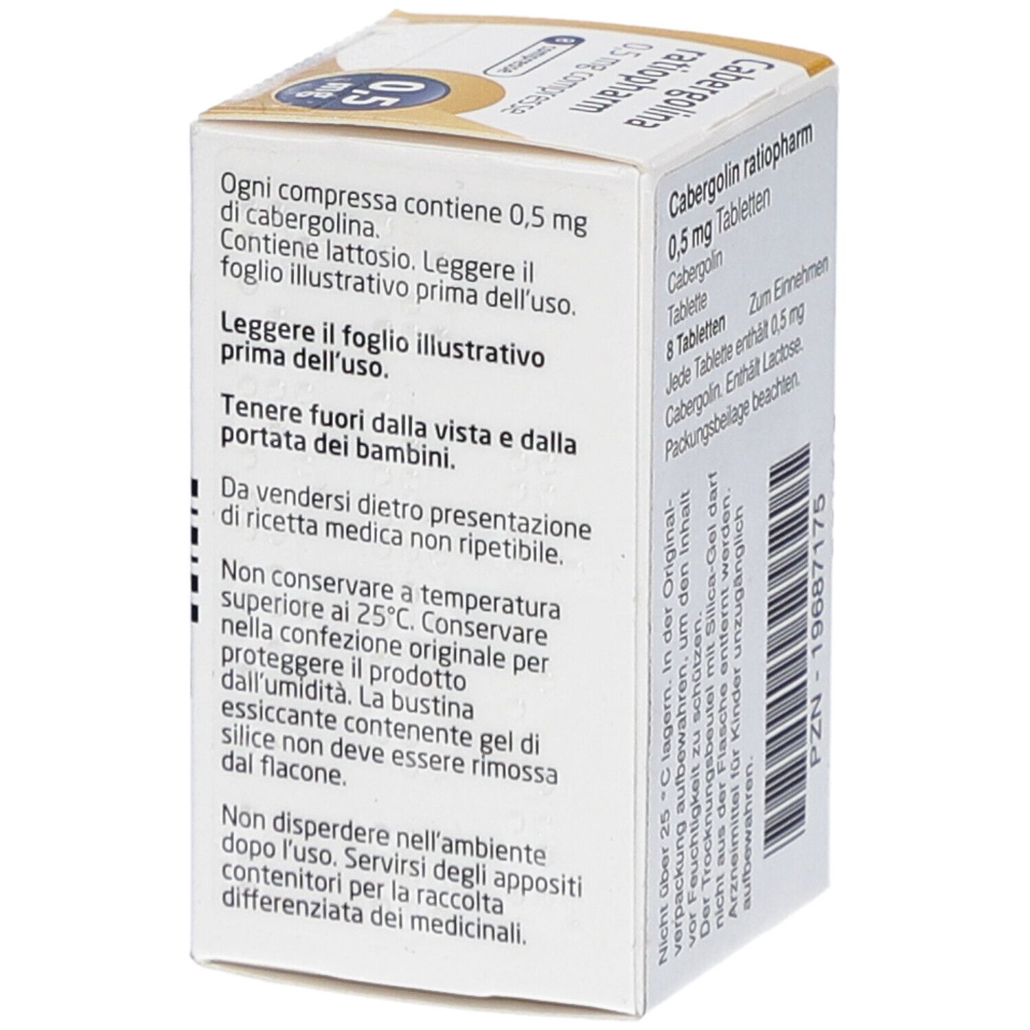 Rückseite einer Tablettenschachtel. Text: Cabergolina ratiopharm 0,5 mg Tabletten. 8 Tabletten. PZN-19687175.