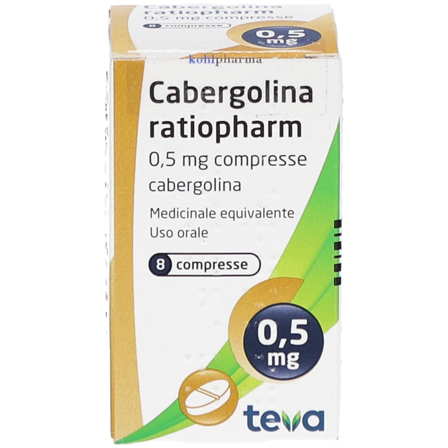 Schachtel mit Tabletten. Aufschrift: Cabergolina ratiopharm 0,5 mg compresse. 8 Tabletten. Teva-Logo.