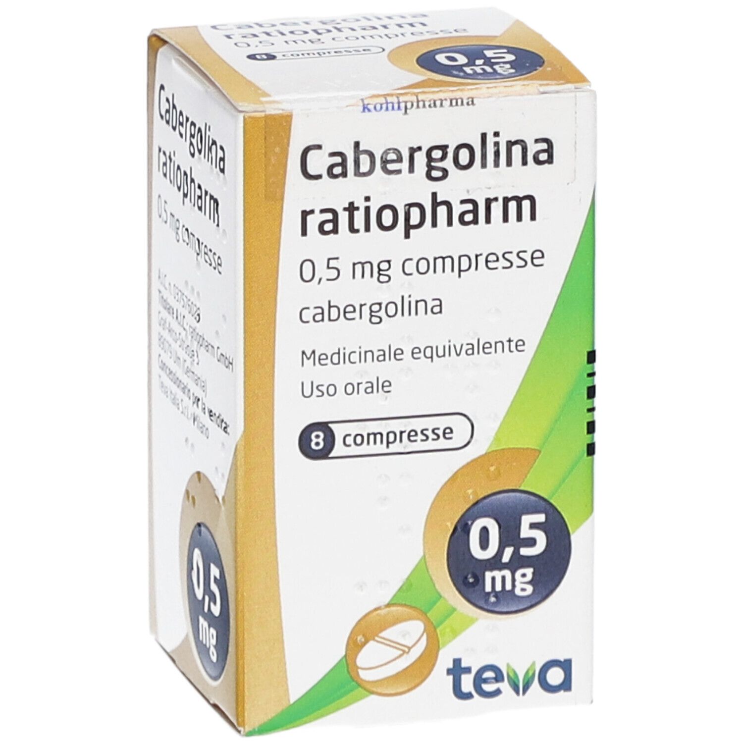 Schachtel mit Tabletten. Aufschrift: Cabergolina ratiopharm 0,5 mg compresse. 8 Tabletten. Teva-Logo.