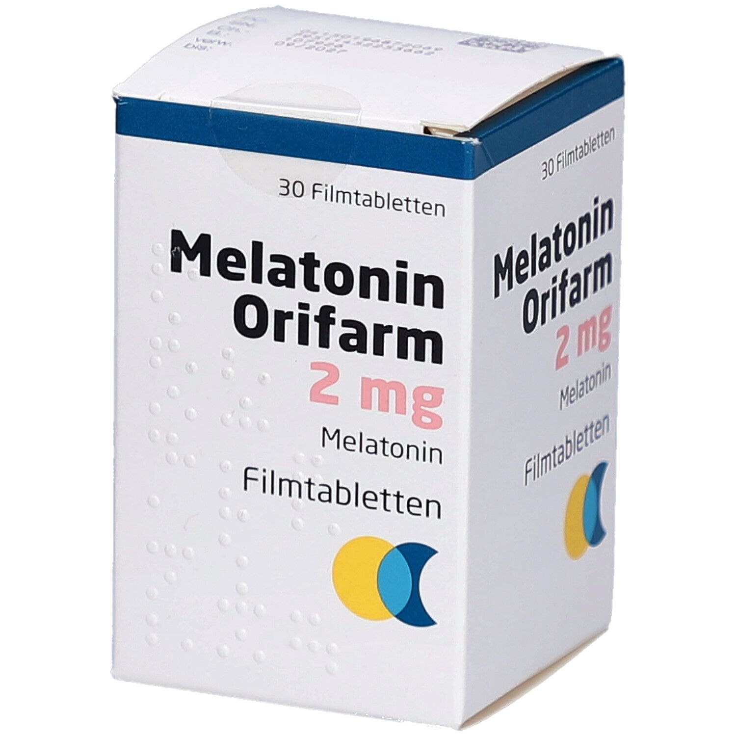 Schachtel mit Melatonin Orifarm 2 mg Filmtabletten. Aufschrift: 30 Filmtabletten. Logo mit gelben und blauen Kreisen.