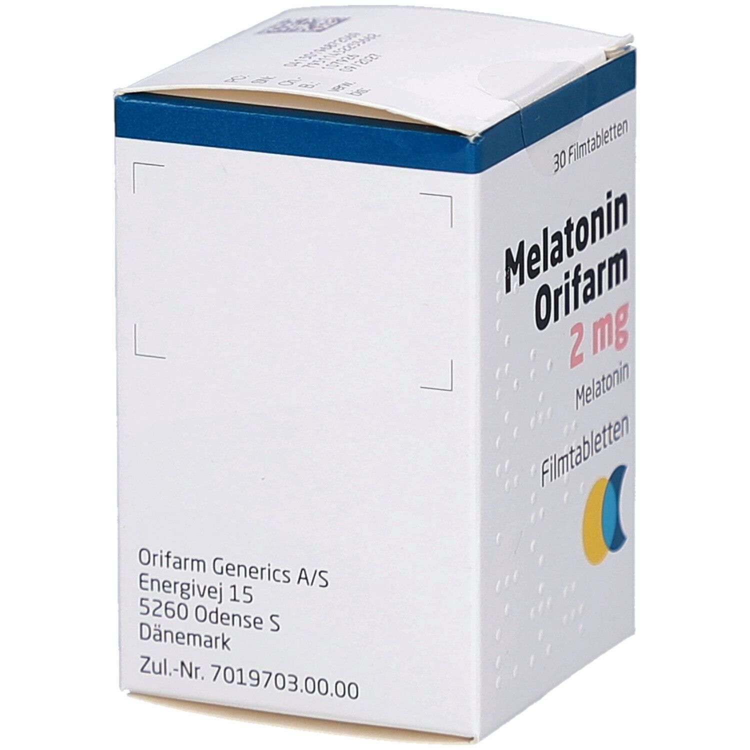 Rückseite der Schachtel mit Melatonin Orifarm 2 mg. Angaben zu Hersteller, Adresse und Zulassungsnummer. Text in deutscher Sprache.