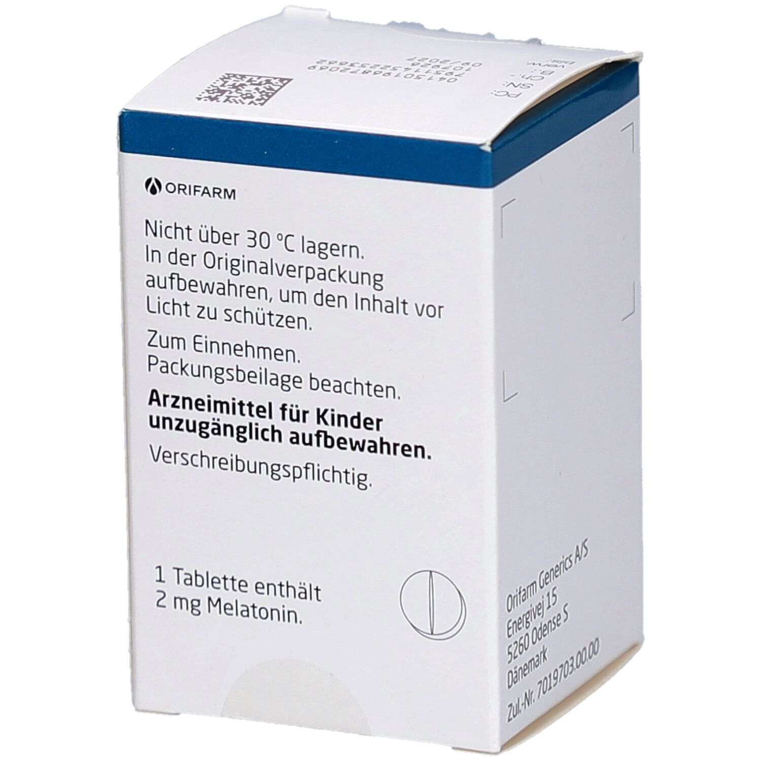 Rückseite der Schachtel mit Melatonin Orifarm 2 mg. Warnhinweise, Lagerungshinweise und Dosierung. Text in deutscher Sprache.
