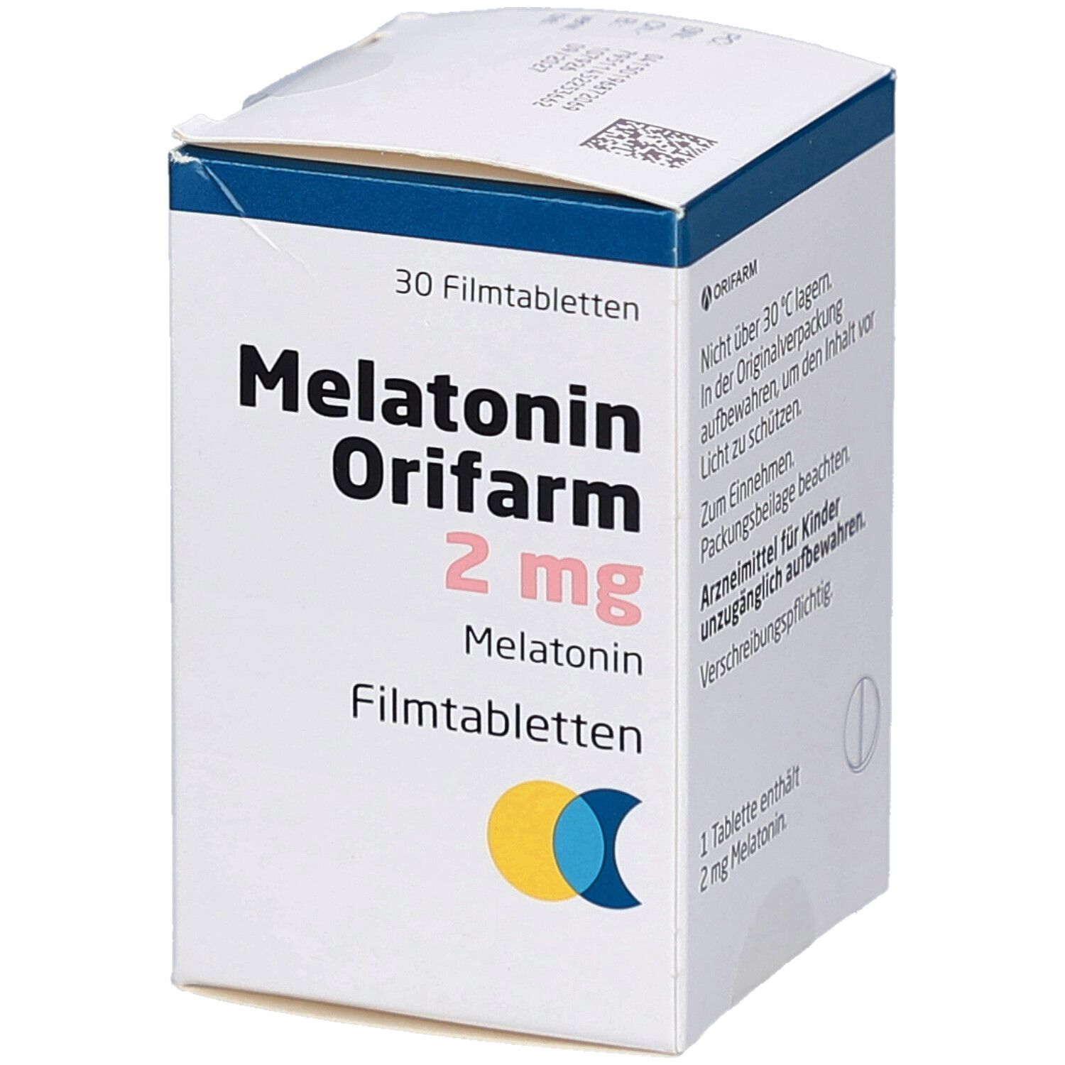 Schachtel mit Melatonin Orifarm 2 mg Filmtabletten. Aufschrift: 30 Filmtabletten. Logo mit gelben und blauen Kreisen. Ansicht schräg.