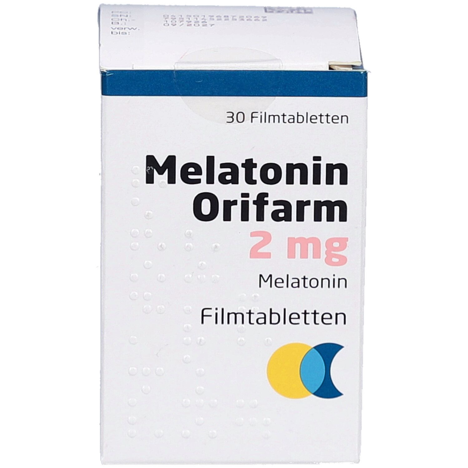 Vorderseite der Schachtel mit Melatonin Orifarm 2 mg Filmtabletten. Aufschrift: 30 Filmtabletten. Logo mit gelben und blauen Kreisen.