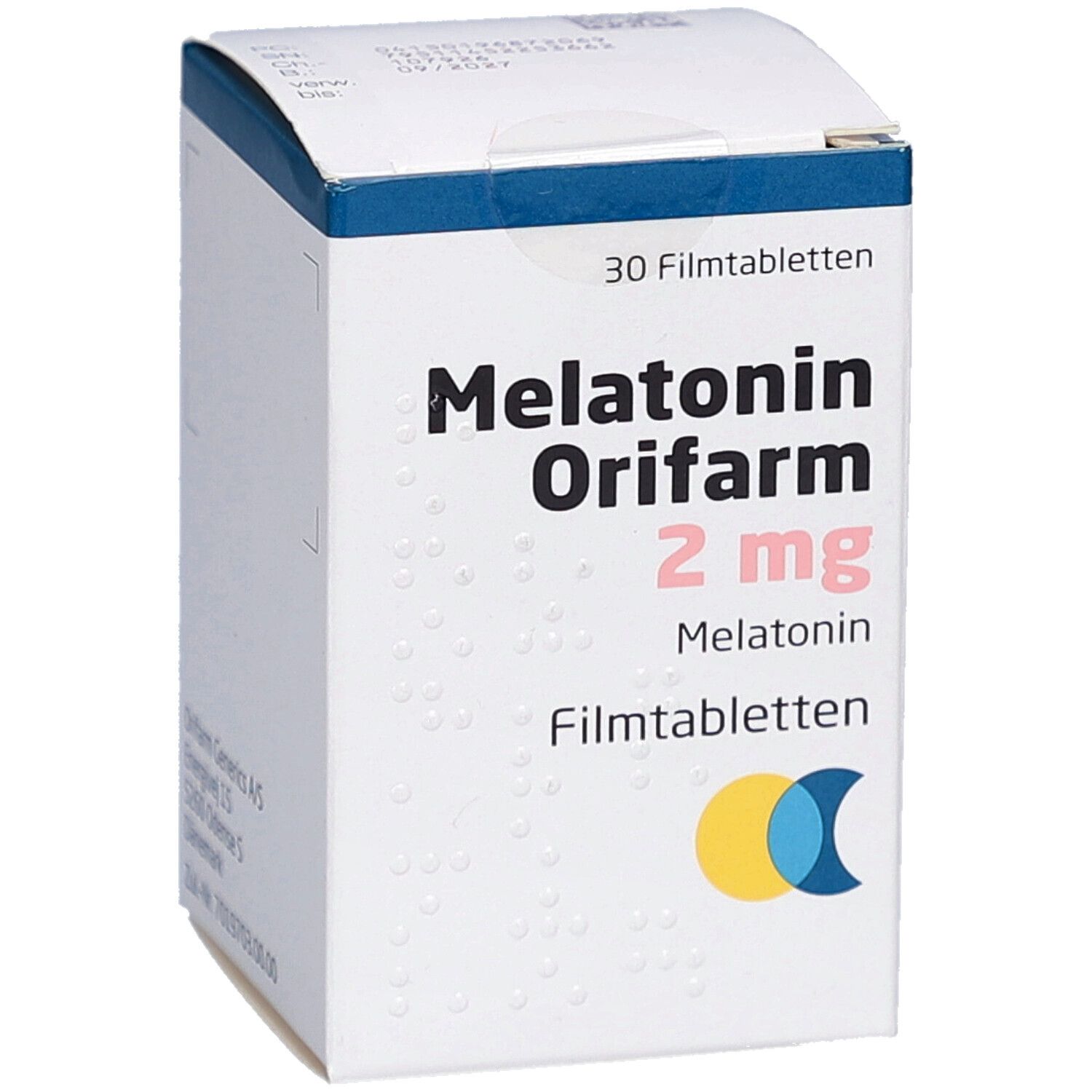 Schachtel mit Melatonin Orifarm 2 mg Filmtabletten. Aufschrift: 30 Filmtabletten. Logo mit gelben und blauen Kreisen. Ansicht schräg.