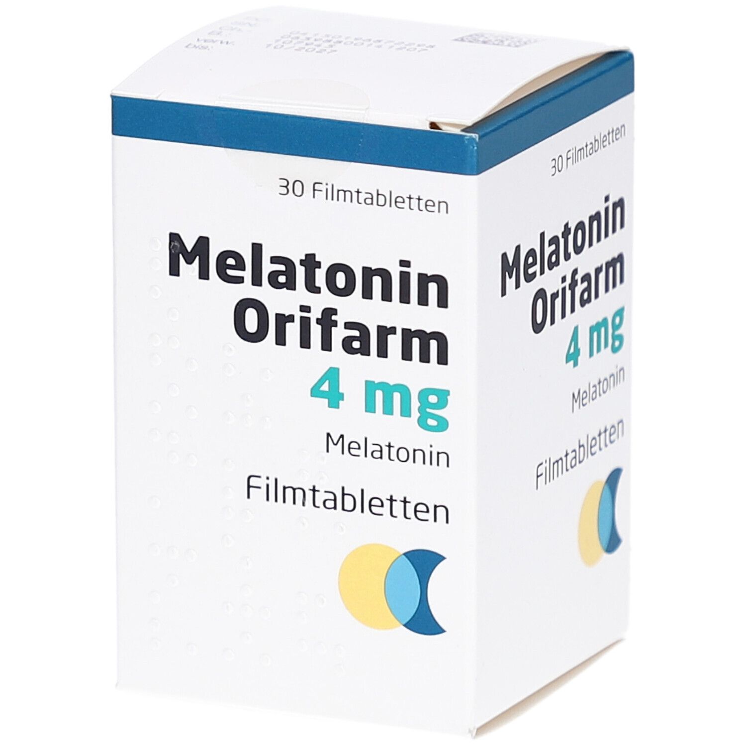 Schachtel mit "Melatonin Orifarm 4 mg Filmtabletten". Blaue und gelbe Logos. 30 Filmtabletten.