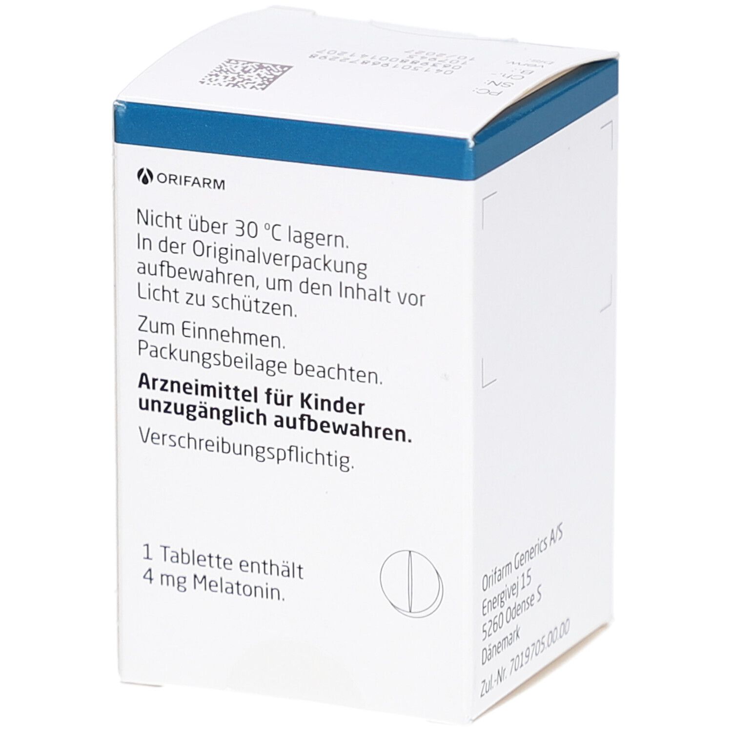 Rückseite der Schachtel "Melatonin Orifarm 4 mg Filmtabletten". Text, Adresse, Warnhinweise.