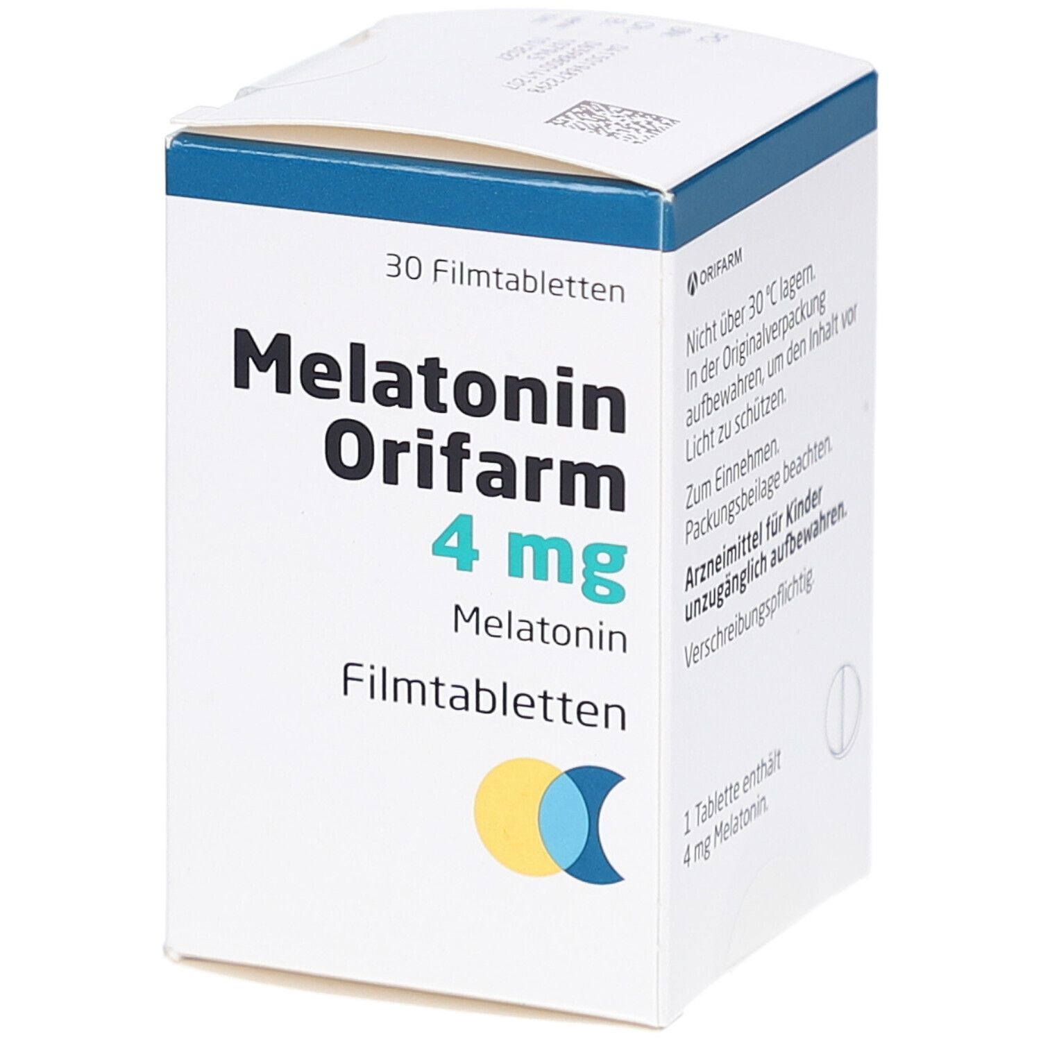 Schachtel "Melatonin Orifarm 4 mg Filmtabletten". Vorderseite mit Produktnamen und Logo. 30 Filmtabletten.