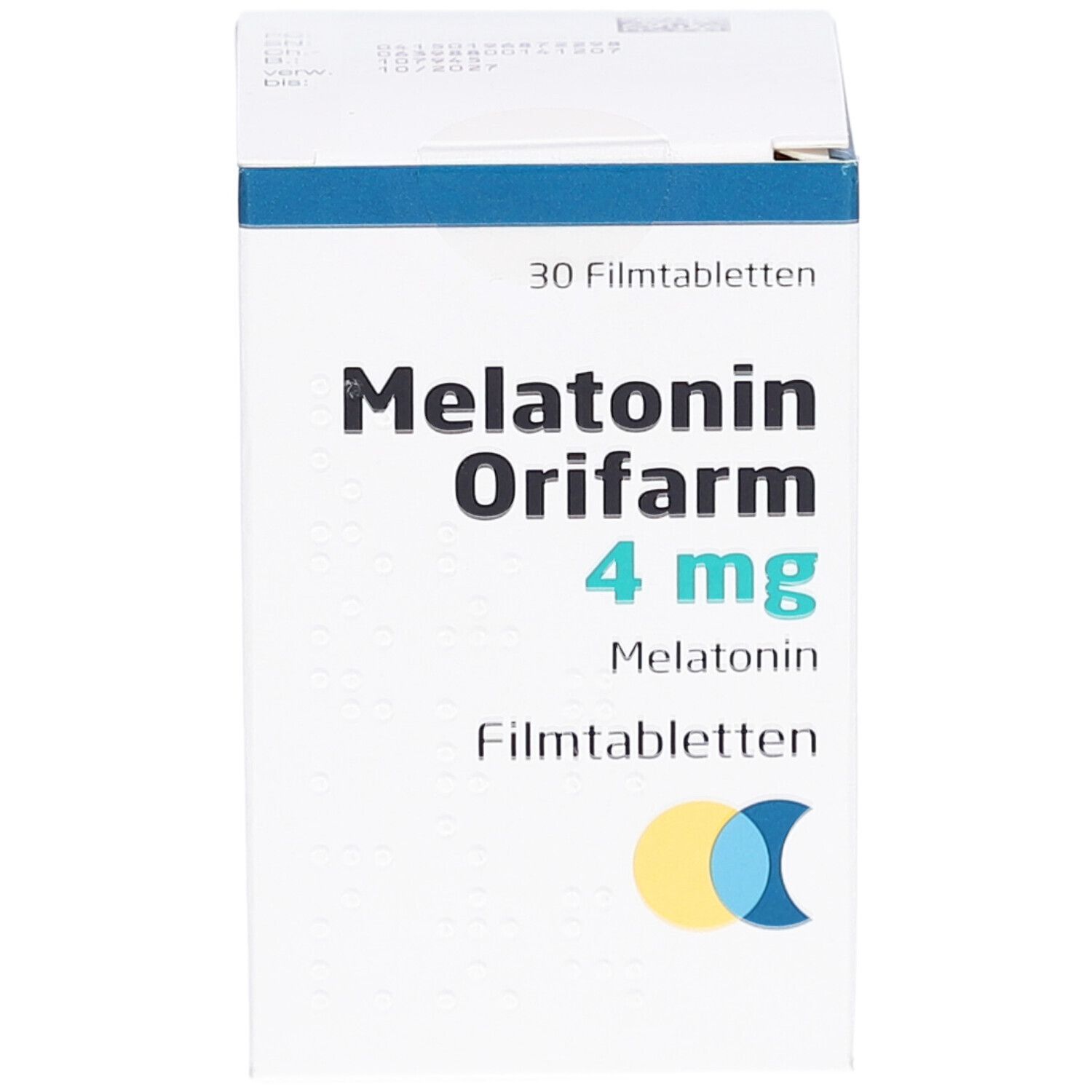 Schachtel "Melatonin Orifarm 4 mg Filmtabletten". Vorderseite mit Produktnamen und Logo. 30 Filmtabletten.