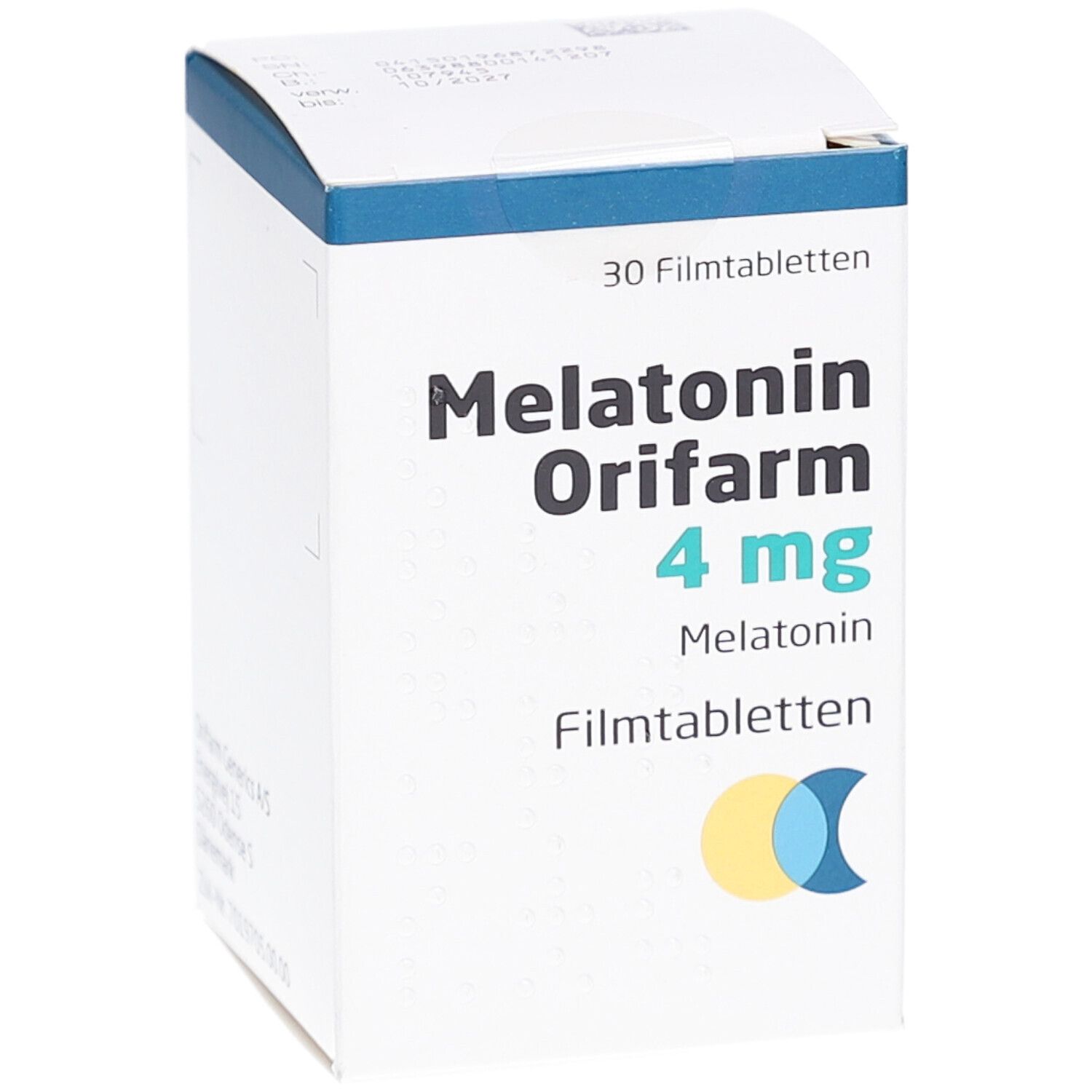 Schachtel "Melatonin Orifarm 4 mg Filmtabletten". Vorderseite mit Produktnamen und Logo. 30 Filmtabletten.