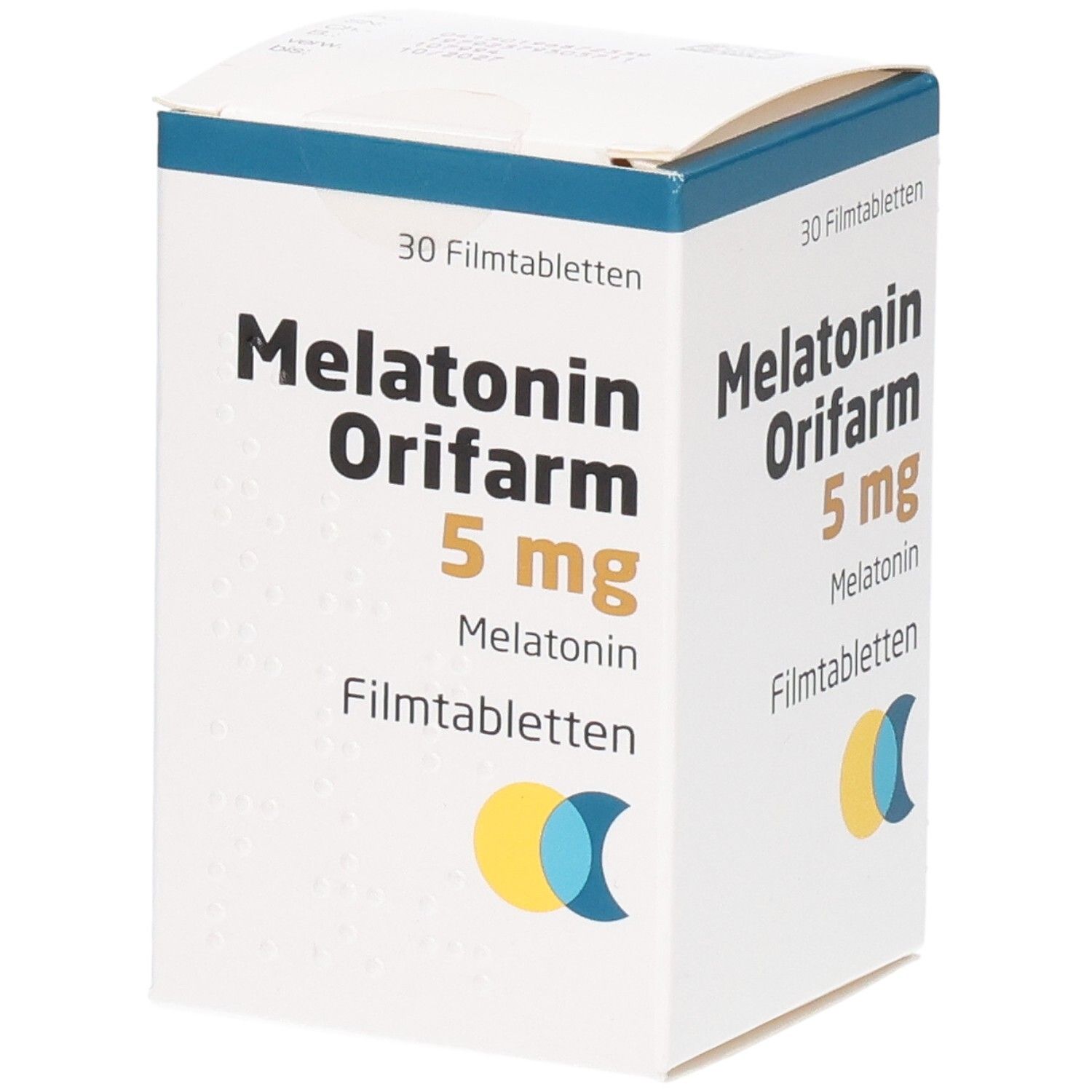 Weiße Faltschachtel mit blauer und gelber Schrift. Aufschrift: Melatonin Orifarm 5 mg Filmtabletten. 30 Filmtabletten.