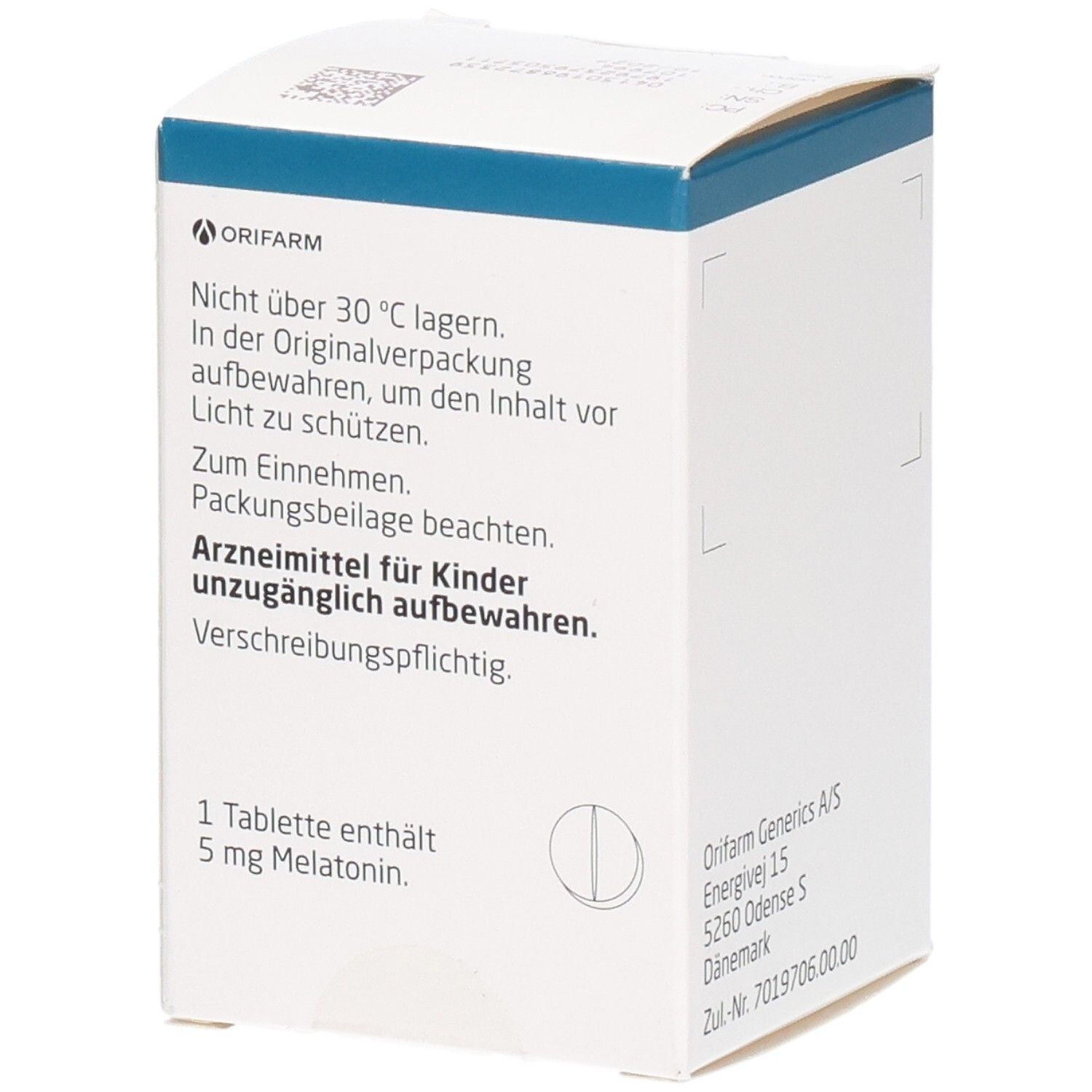 Rückseite der weißen Faltschachtel. Text: Lagerhinweise, Gebrauchsanweisung, Dosierung. 1 Tablette enthält 5 mg Melatonin.