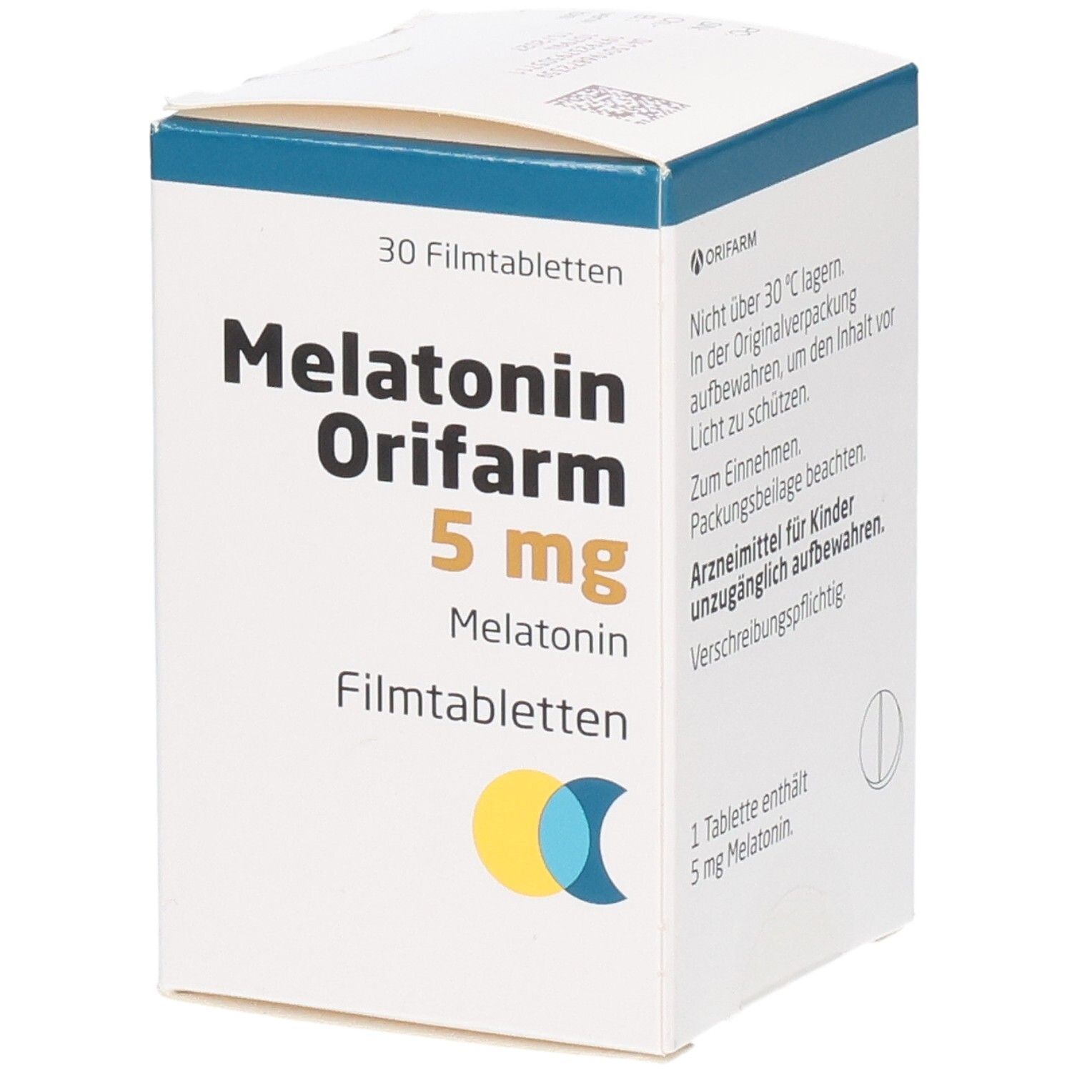 Weiße Faltschachtel mit blauer Kante. Aufschrift: Melatonin Orifarm 5 mg Filmtabletten. 30 Filmtabletten. Rückseite mit Text.