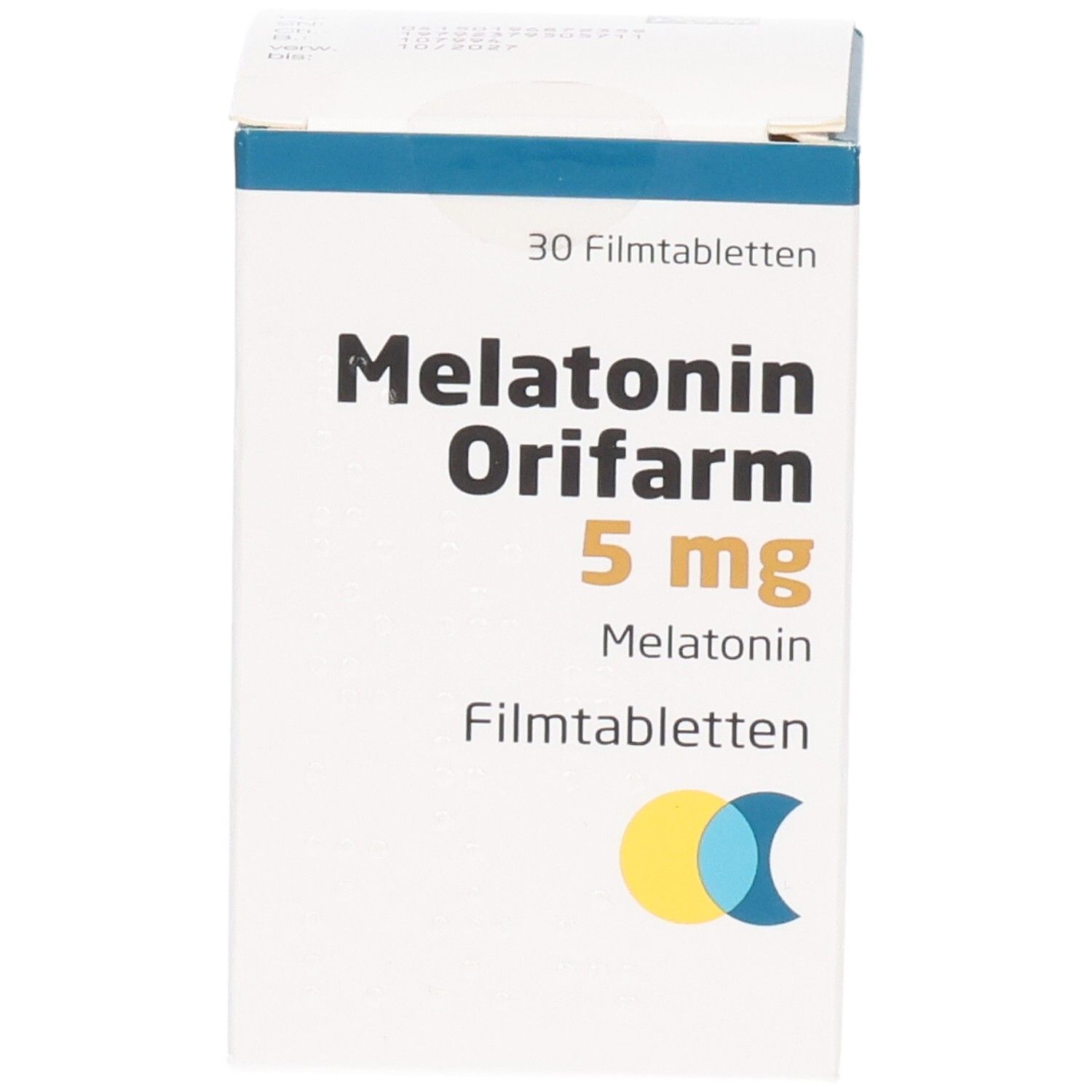 Weiße Faltschachtel mit blauer Kante. Aufschrift: Melatonin Orifarm 5 mg Filmtabletten. 30 Filmtabletten. Gelb-blaue Grafik.