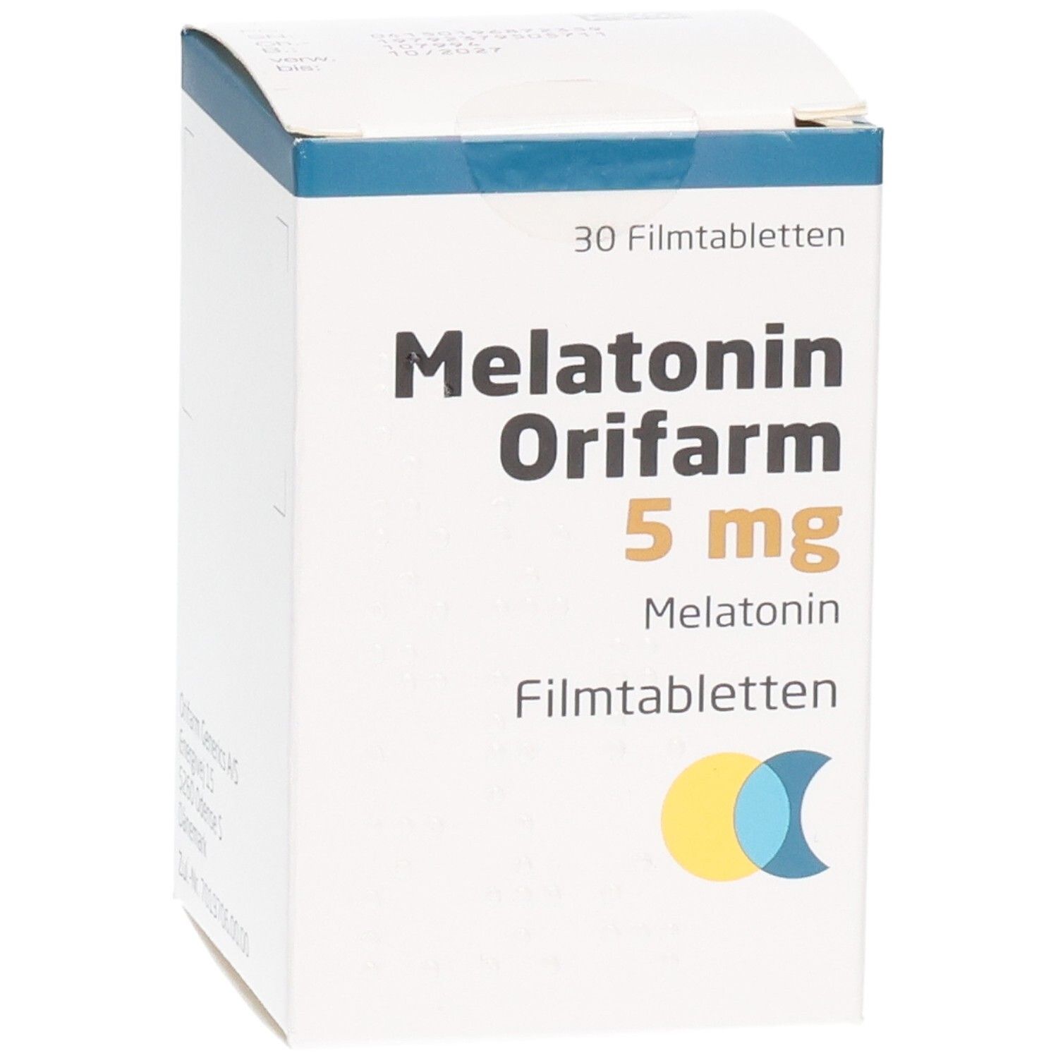 Weiße Faltschachtel mit blauer Kante. Aufschrift: Melatonin Orifarm 5 mg Filmtabletten. 30 Filmtabletten. Gelb-blaue Grafik.