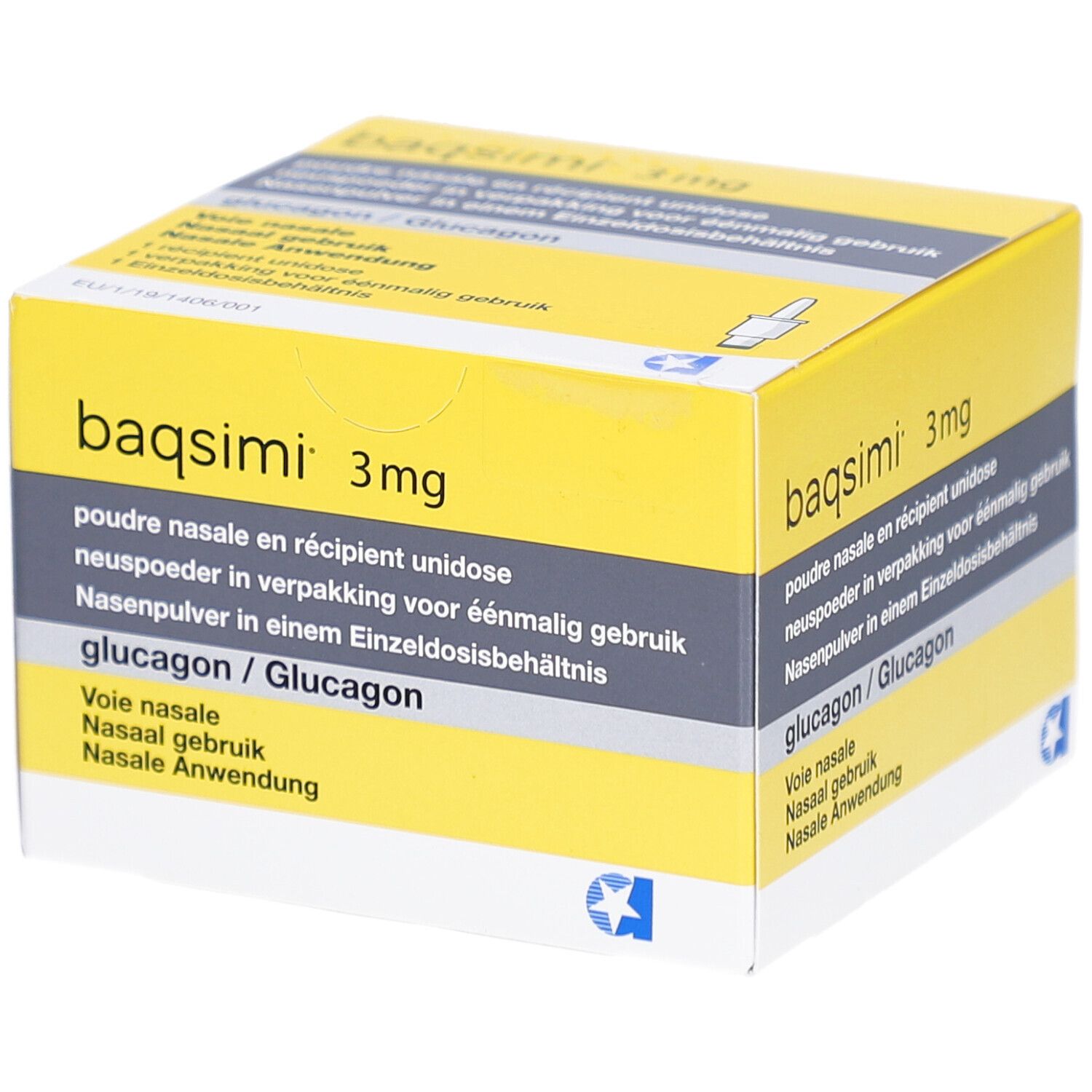 Gelbe Schachtel mit Produktnamen und Aufschrift. Enthält Nasenpulver. Mehrsprachige Beschriftung. Blaue Stern-Logo.