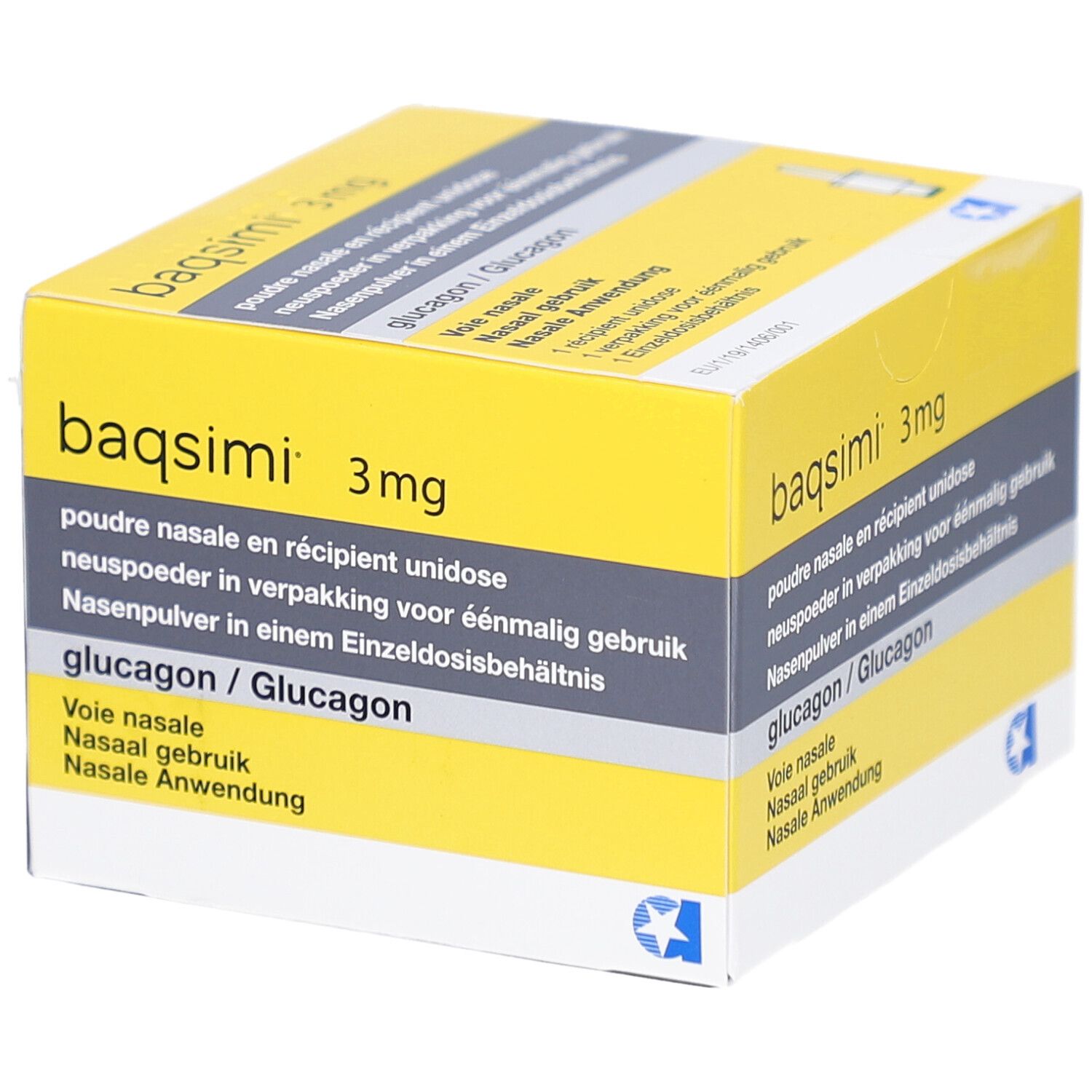 Gelbe Schachtel mit Produktnamen und Aufschrift. Enthält Nasenpulver. Mehrsprachige Beschriftung. Blaue Stern-Logo.