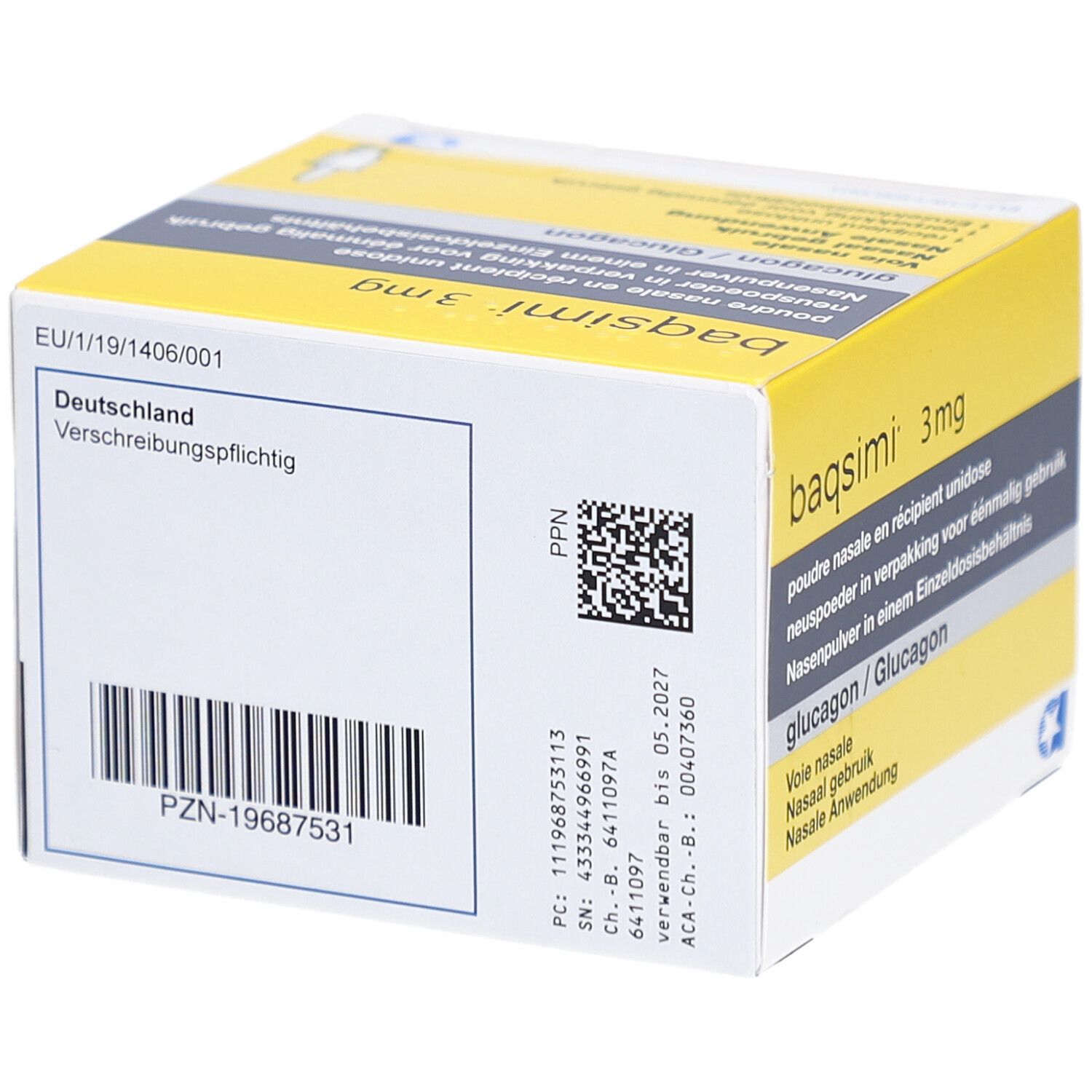 Gelbe Schachtel mit Produktnamen und Aufschrift. Enthält Nasenpulver. Mehrsprachige Beschriftung. Barcode und QR-Code.