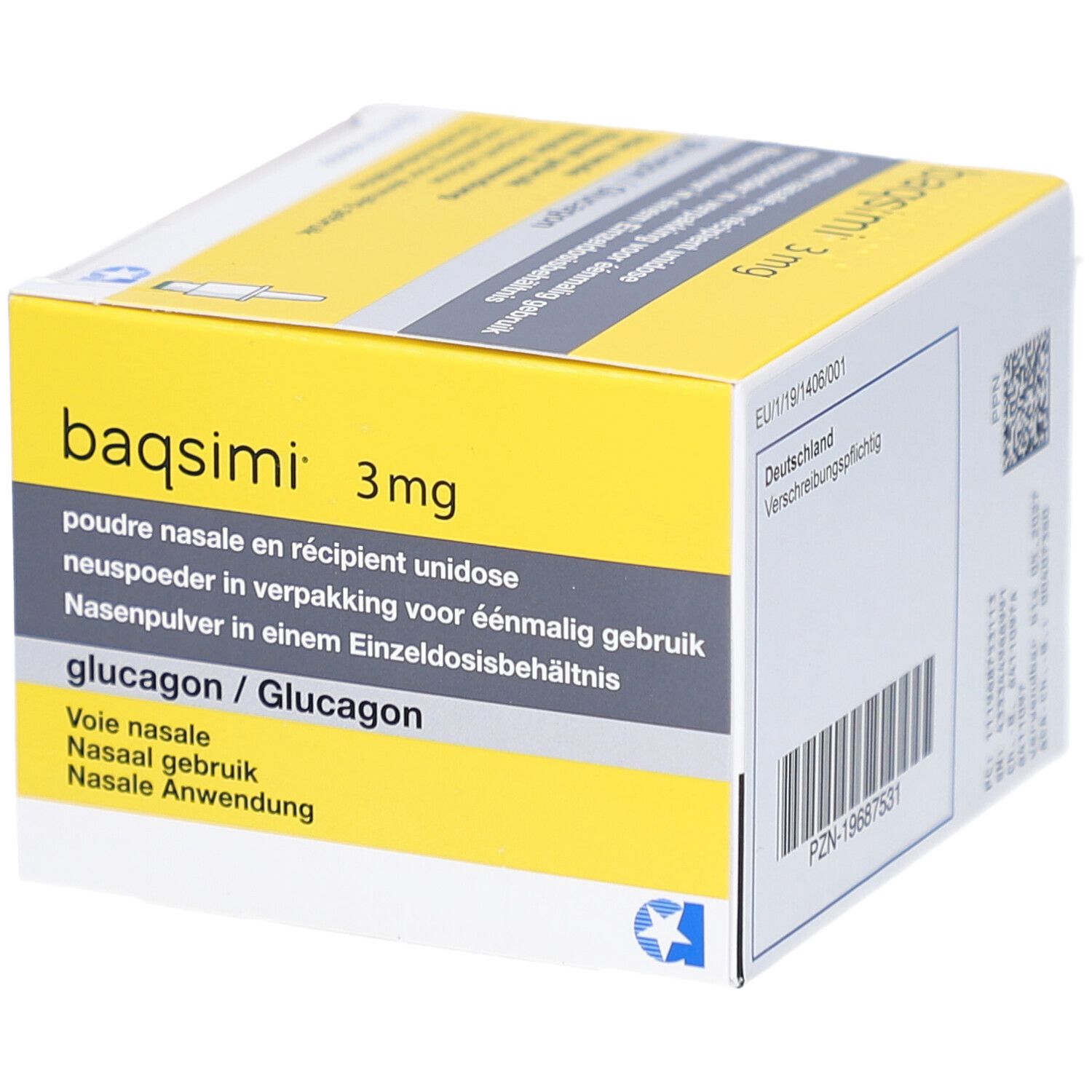 Gelbe Schachtel mit Produktnamen und Aufschrift. Enthält Nasenpulver. Mehrsprachige Beschriftung. Blaue Stern-Logo.