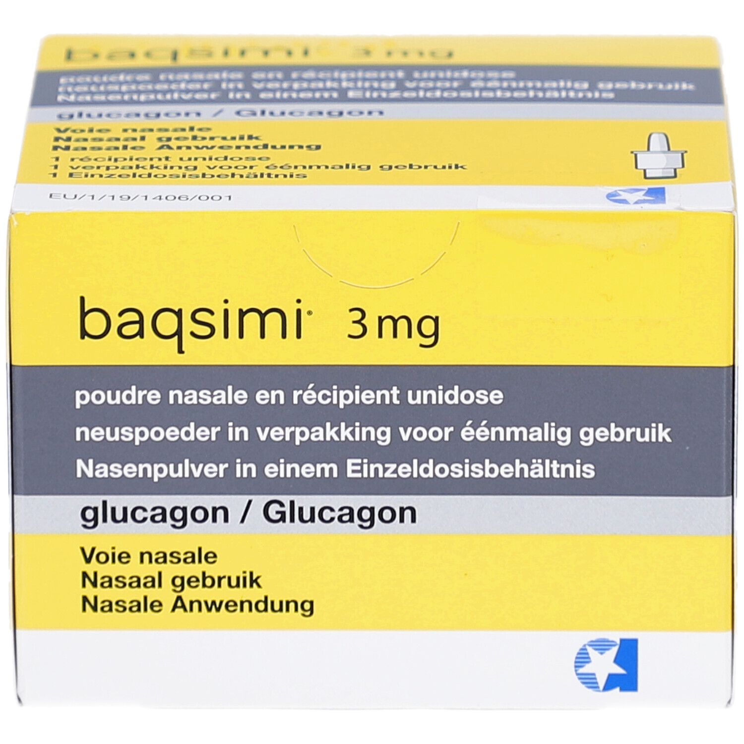 Gelbe Schachtel mit Produktnamen und Aufschrift. Enthält Nasenpulver. Mehrsprachige Beschriftung. Blaue Stern-Logo.