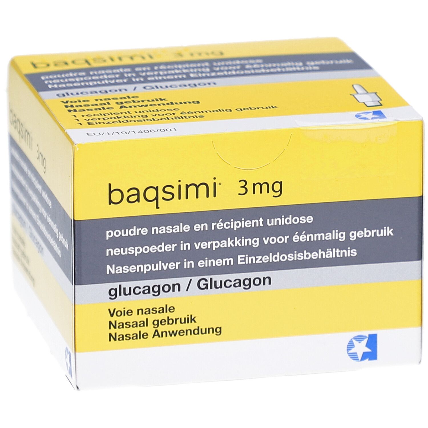 Gelbe Schachtel mit Produktnamen und Aufschrift. Enthält Nasenpulver. Mehrsprachige Beschriftung. Blaue Stern-Logo.