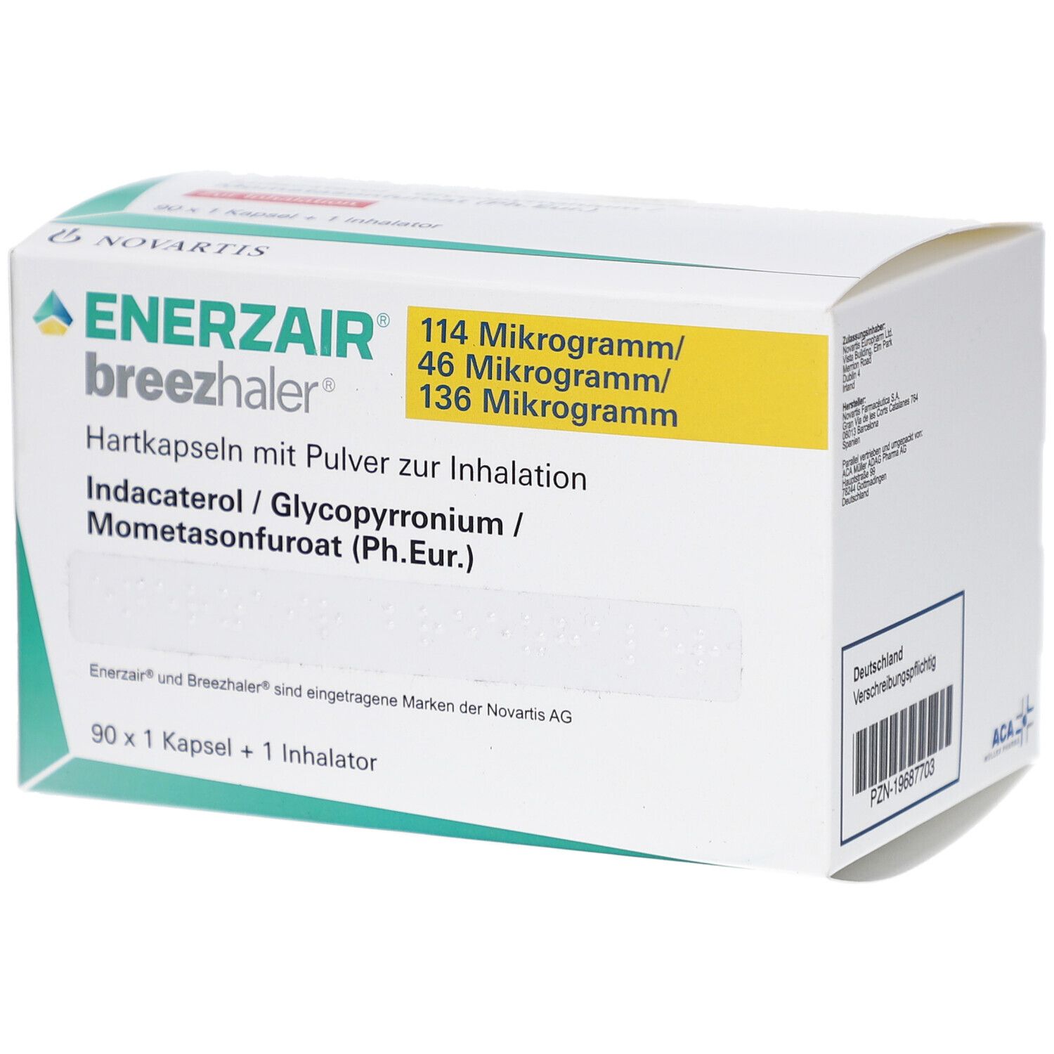 Weiße Schachtel mit Produktinformationen. Aufdruck: ENERZAIR breezhaler, Dosierung, Inhaltsstoffe. 90 Kapseln + 1 Inhalator.