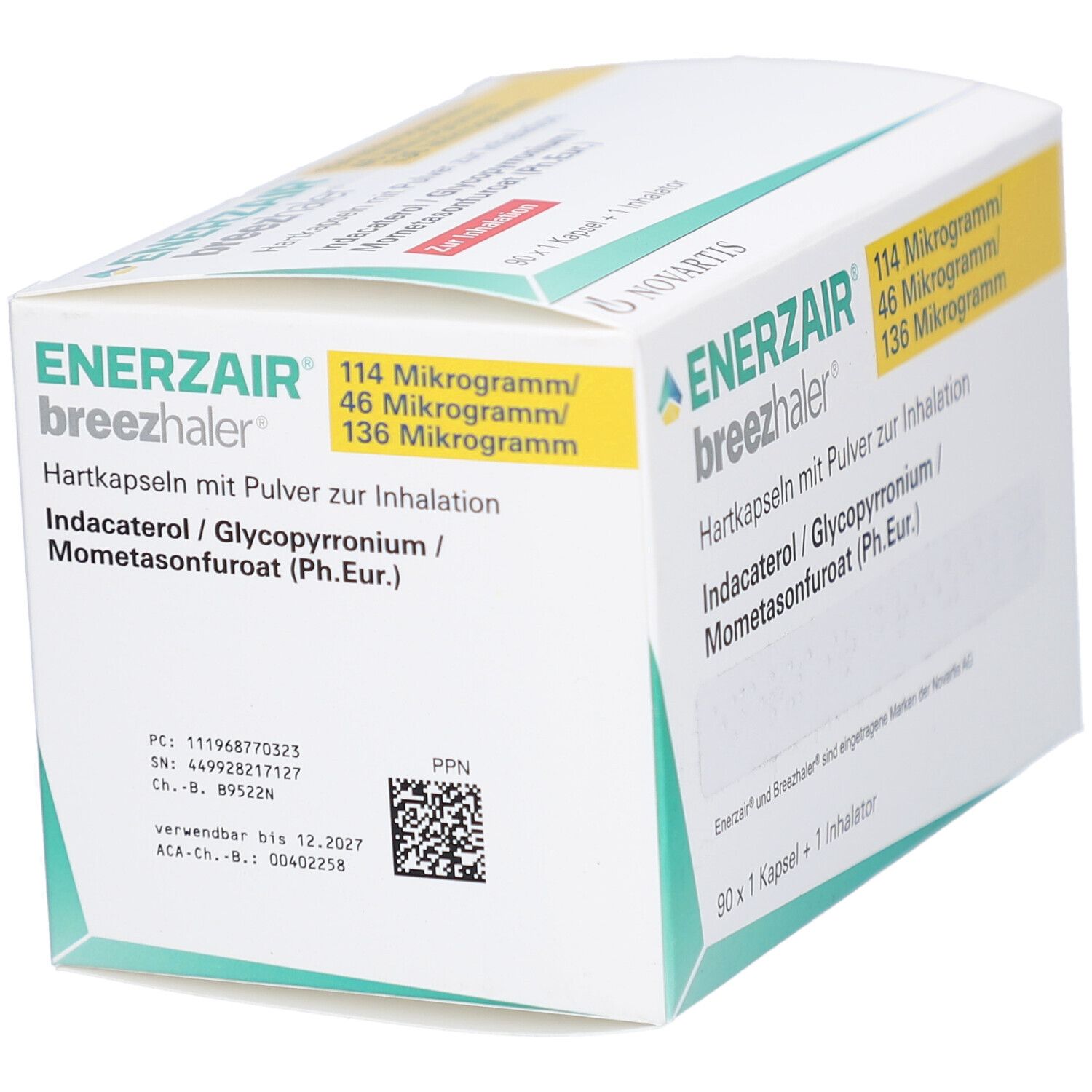 Schachtel, schräg von oben. Aufdruck: ENERZAIR breezhaler, Dosierung, Inhaltsstoffe. 90 Kapseln + 1 Inhalator. Gelber Streifen.