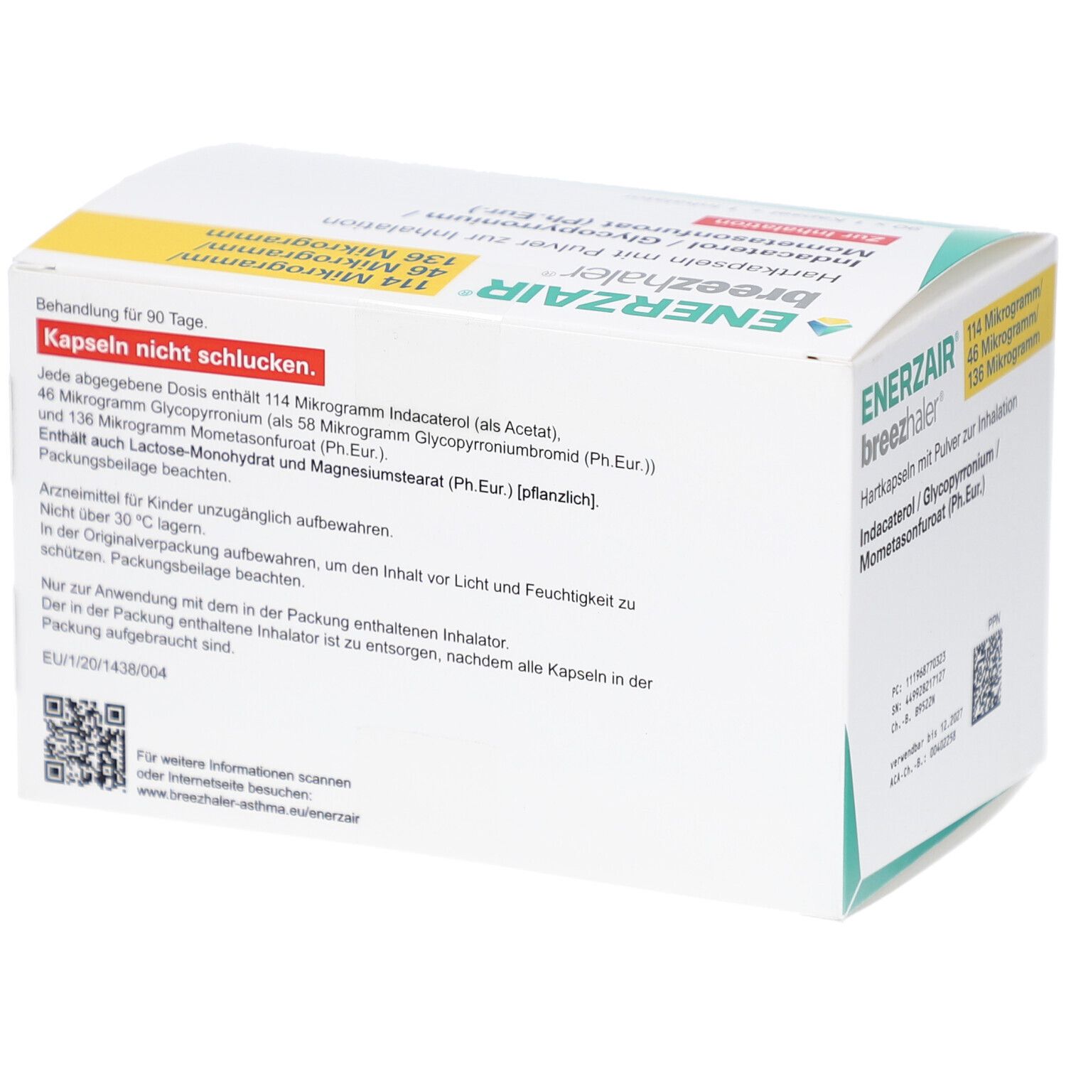 Rückseite der Schachtel. Text: Dosierung, Inhaltsstoffe, Lagerungshinweise. QR-Code und weitere Informationen.