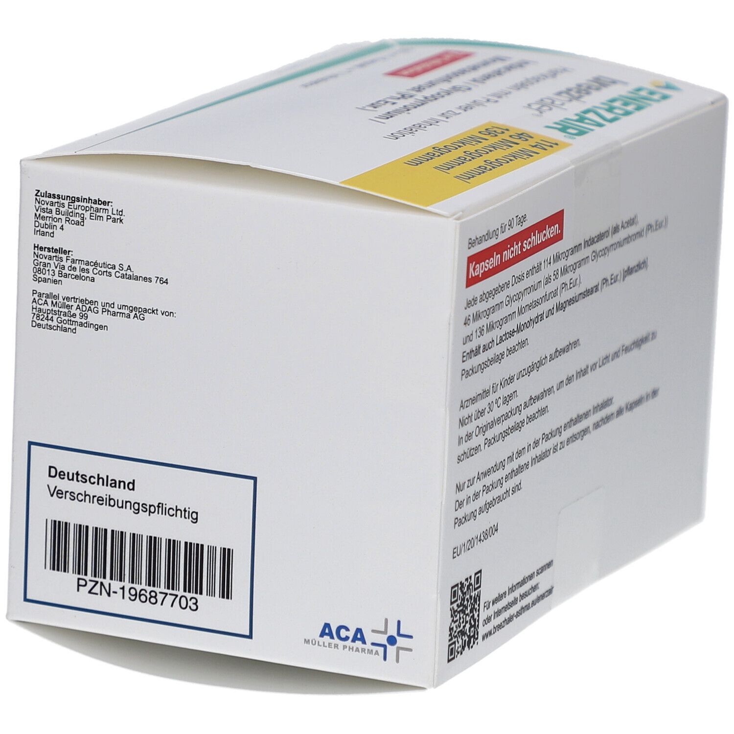 Rückseite der Schachtel. Text: Verschreibungspflichtig, PZN-19687703. ACA+ Muller Pharma Logo. Barcode.
