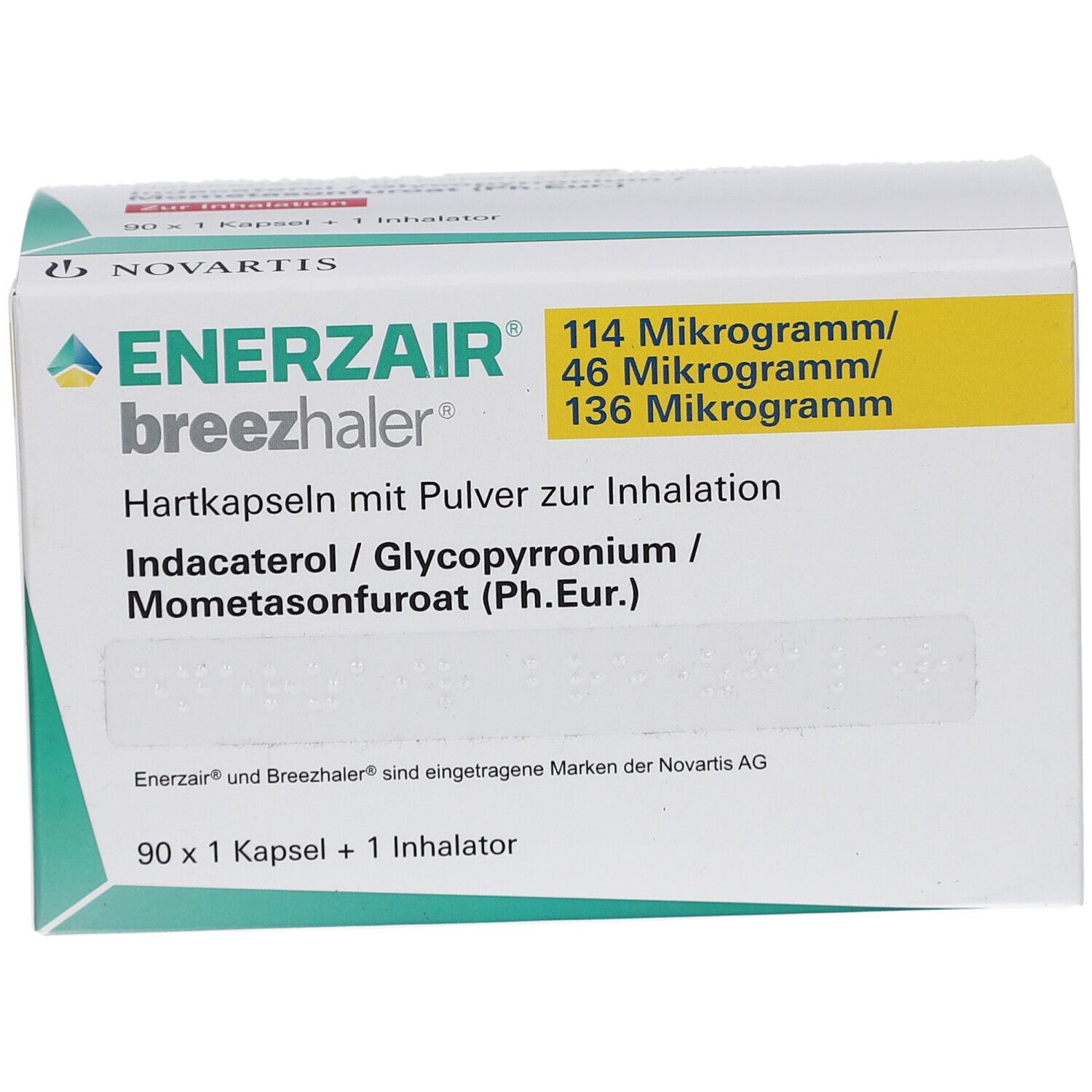 Weiße Schachtel mit Produktinformationen. Aufdruck: ENERZAIR breezhaler, Dosierung, Inhaltsstoffe. 90 Kapseln + 1 Inhalator.