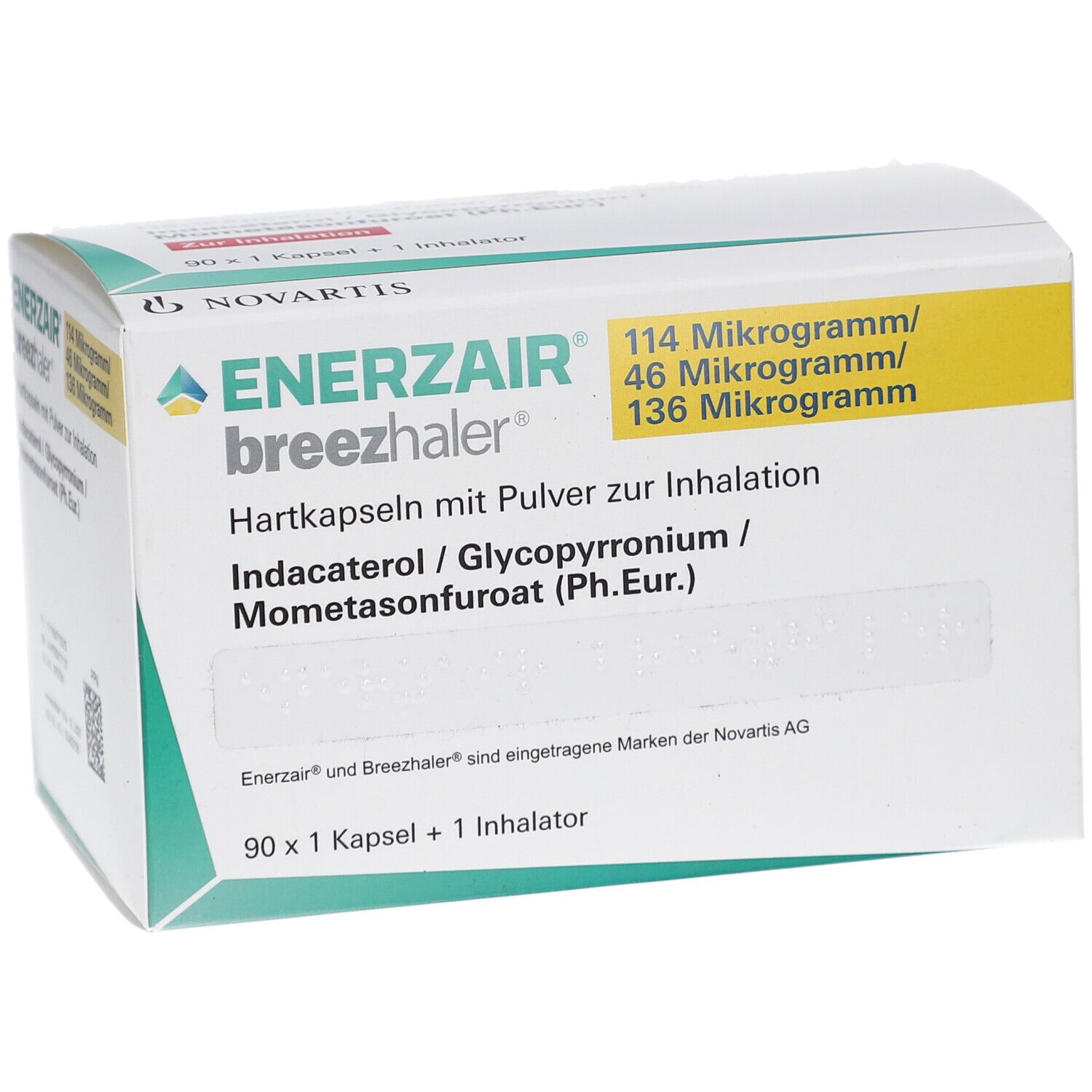 Weiße Schachtel mit Produktinformationen. Aufdruck: ENERZAIR breezhaler, Dosierung, Inhaltsstoffe. 90 Kapseln + 1 Inhalator.