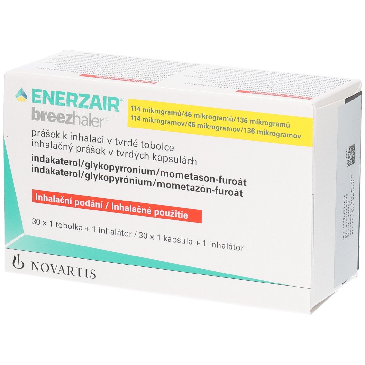 Packung ENERZAIR Breezhaler mit 30 Hartkapseln und 1 Inhalator.