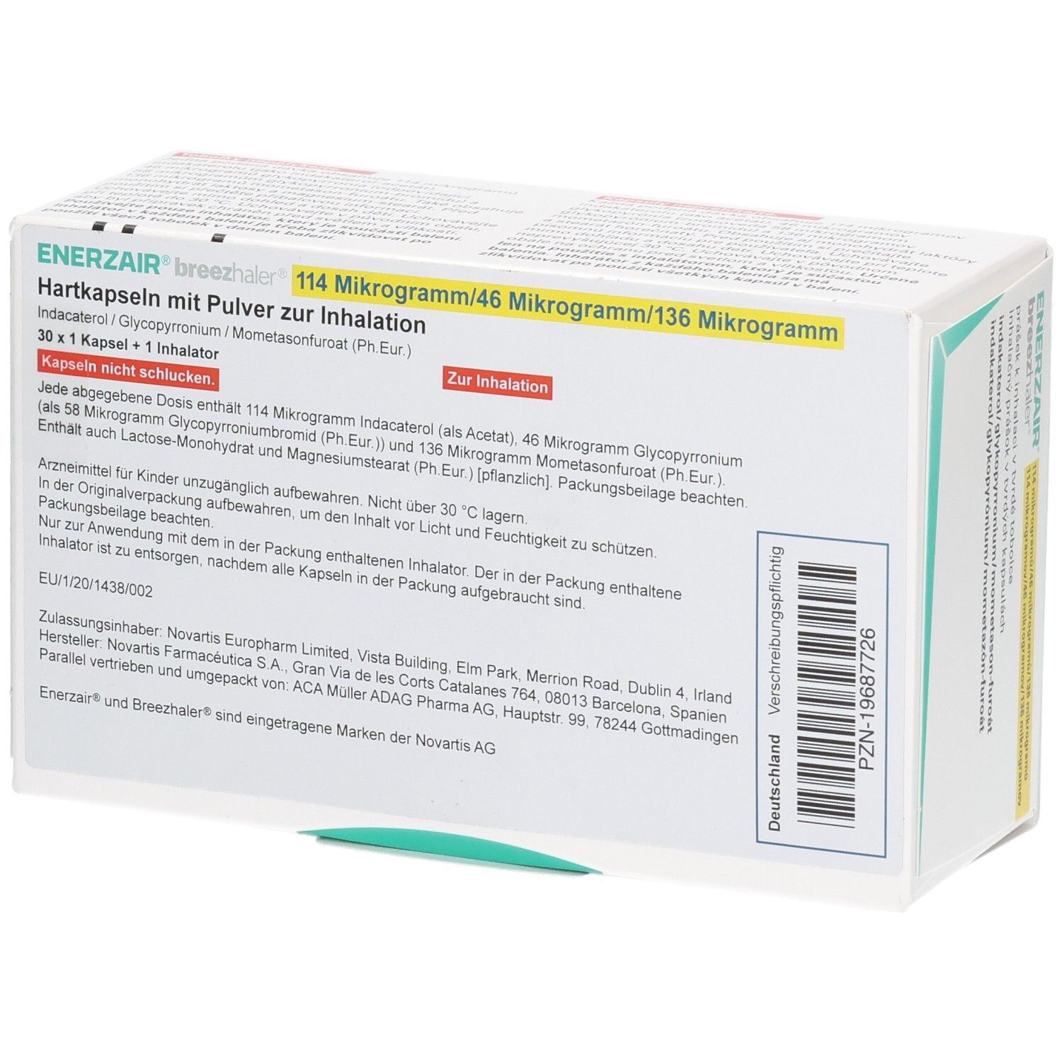 Rückseite der ENERZAIR Breezhaler Packung mit Dosierungsangaben und Herstellerinformationen.