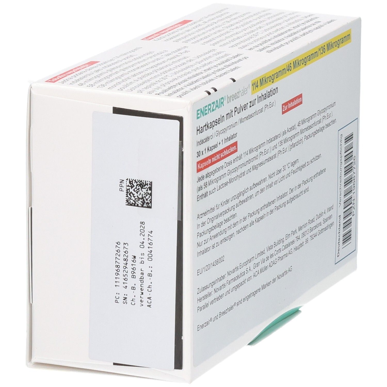 Seitenansicht der ENERZAIR Breezhaler Packung mit PZN-Nummer und Verfallsdatum.