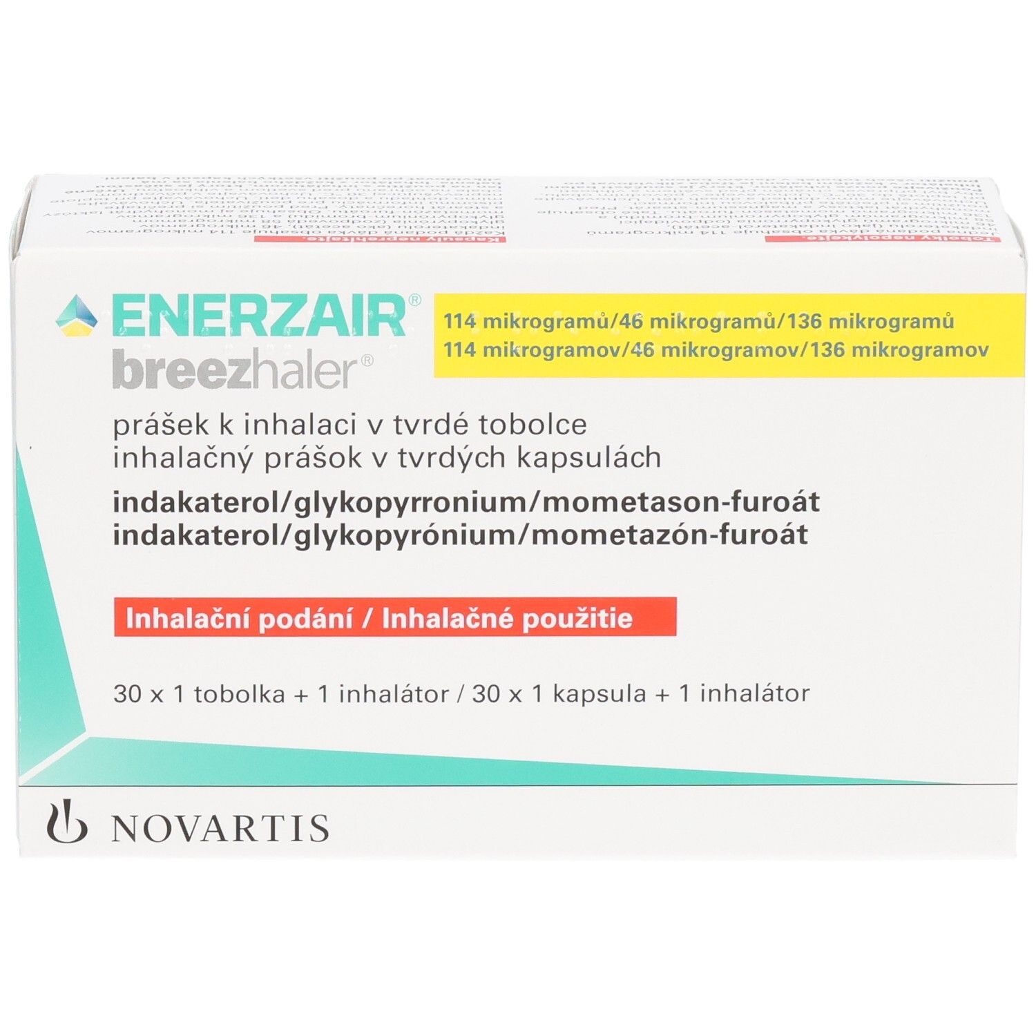 Packung ENERZAIR Breezhaler mit 30 Hartkapseln und 1 Inhalator.
