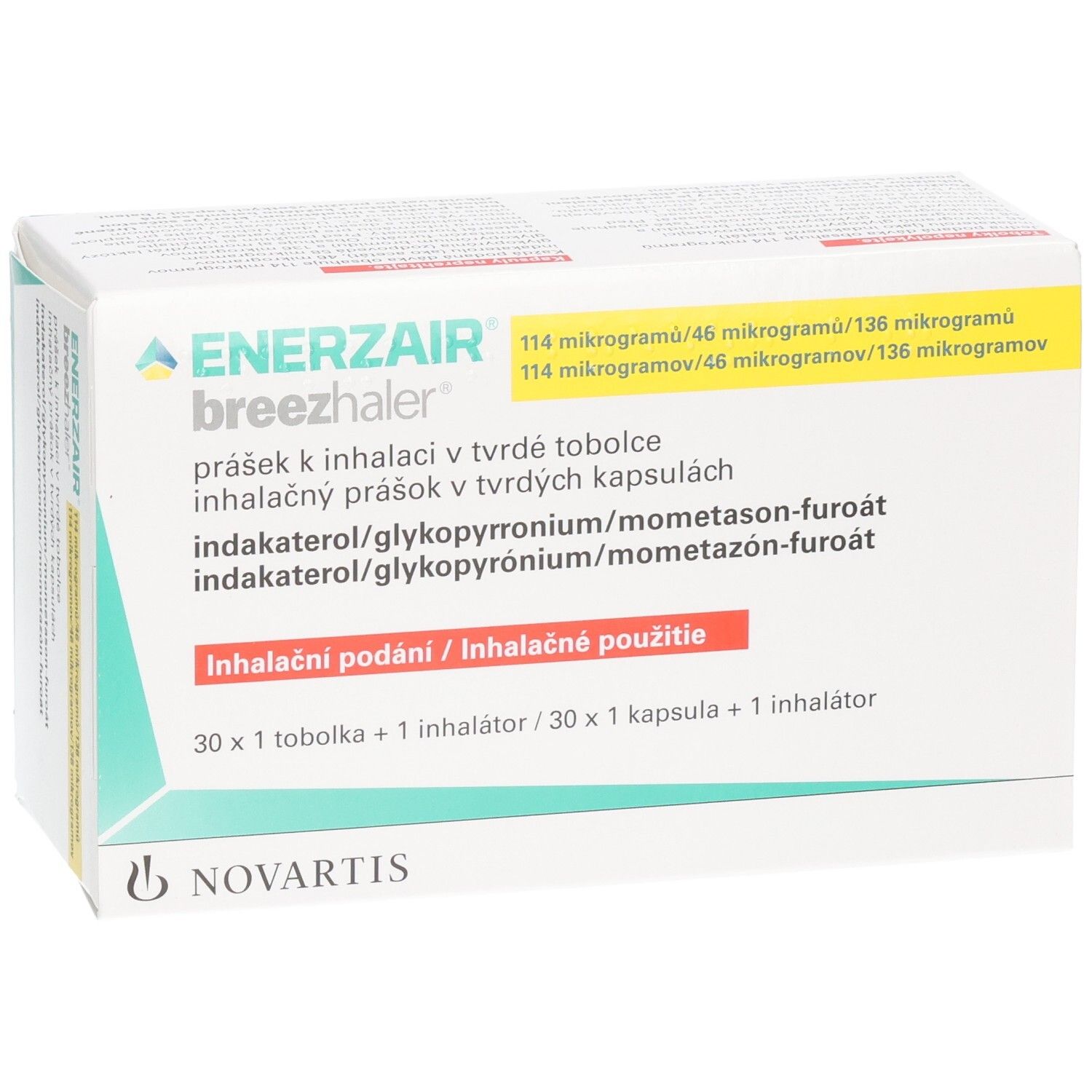 Packung ENERZAIR Breezhaler mit 30 Hartkapseln und 1 Inhalator.