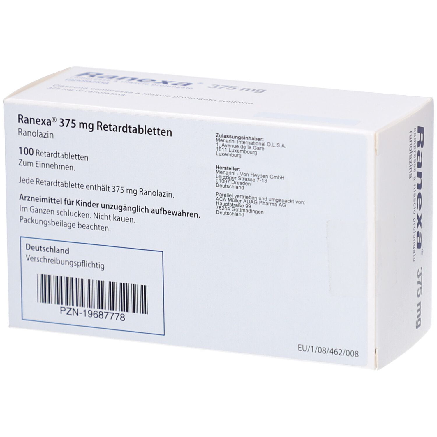Rückseite der Schachtel RANEXA 375 mg Retardtabletten. Textinformationen und Barcode. PZN-19687778.