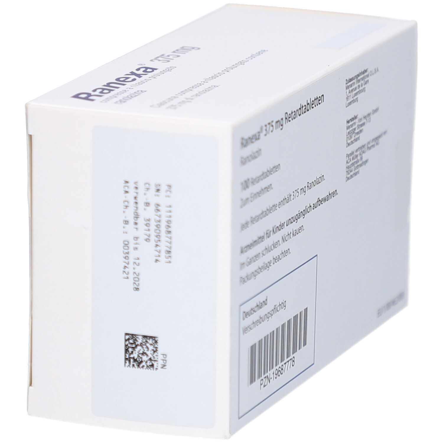 Seitenansicht der Schachtel RANEXA 375 mg Retardtabletten. Textinformationen und Barcode.