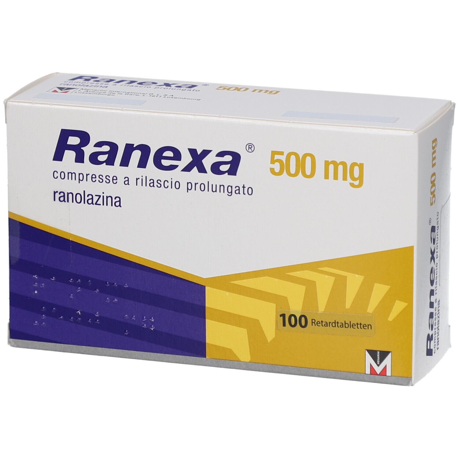 Schachtel RANEXA 500 mg Retardtabletten. Aufschrift: Ranexa, 500 mg, 100 Retardtabletten. Gelb-blaue Farbgebung.