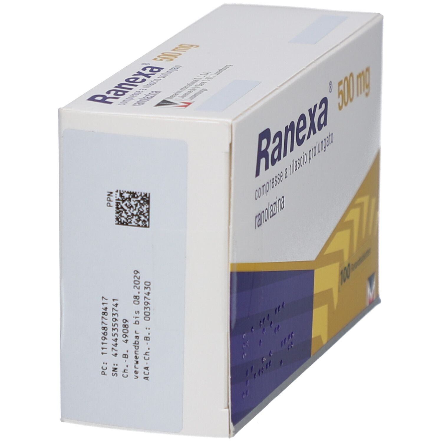 Schachtel RANEXA 500 mg. Seitenansicht mit Barcode und weiteren Informationen. Weiß mit blauen und gelben Elementen.