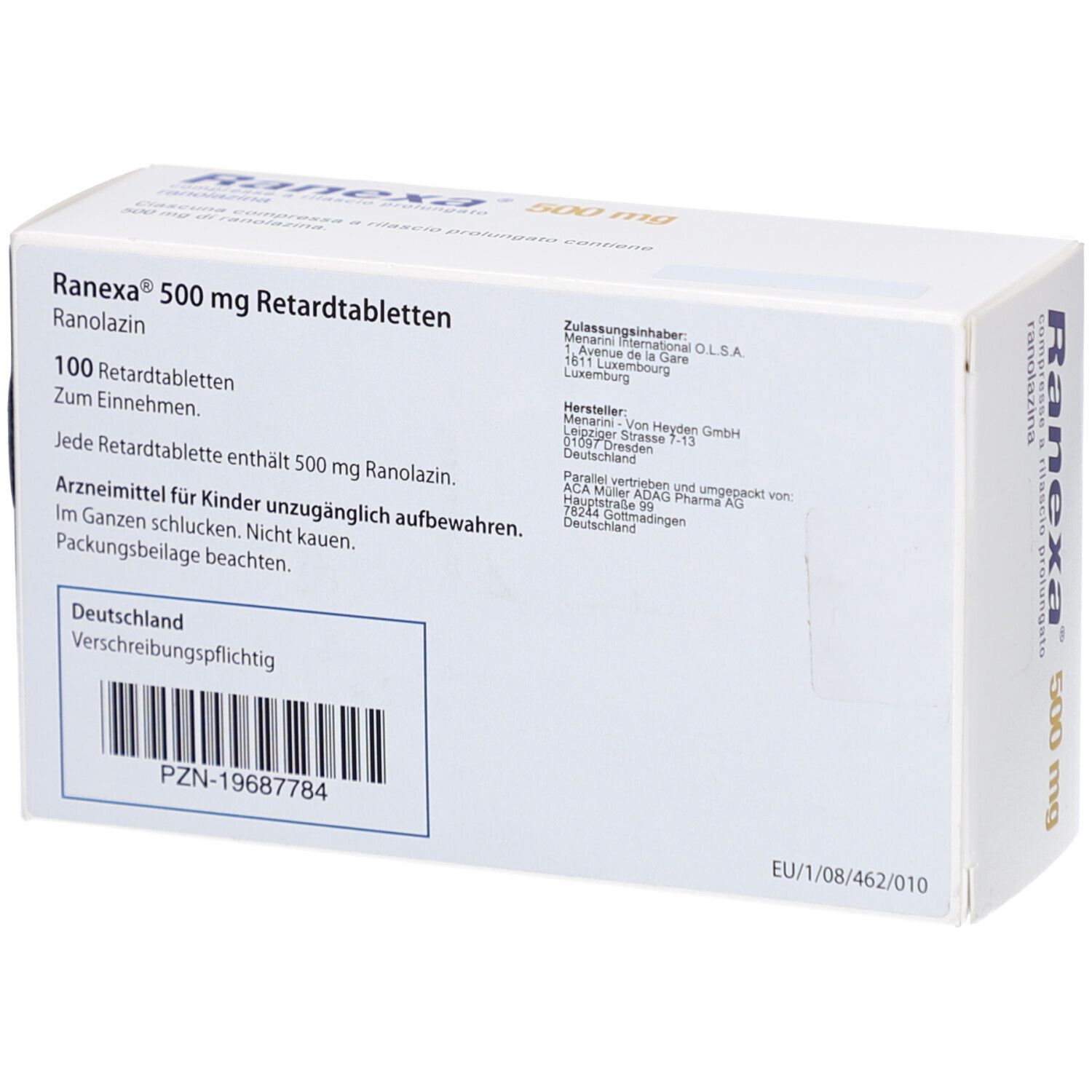 Rückseite der Schachtel RANEXA 500 mg Retardtabletten. Enthält Textinformationen und einen Barcode. Weiß.