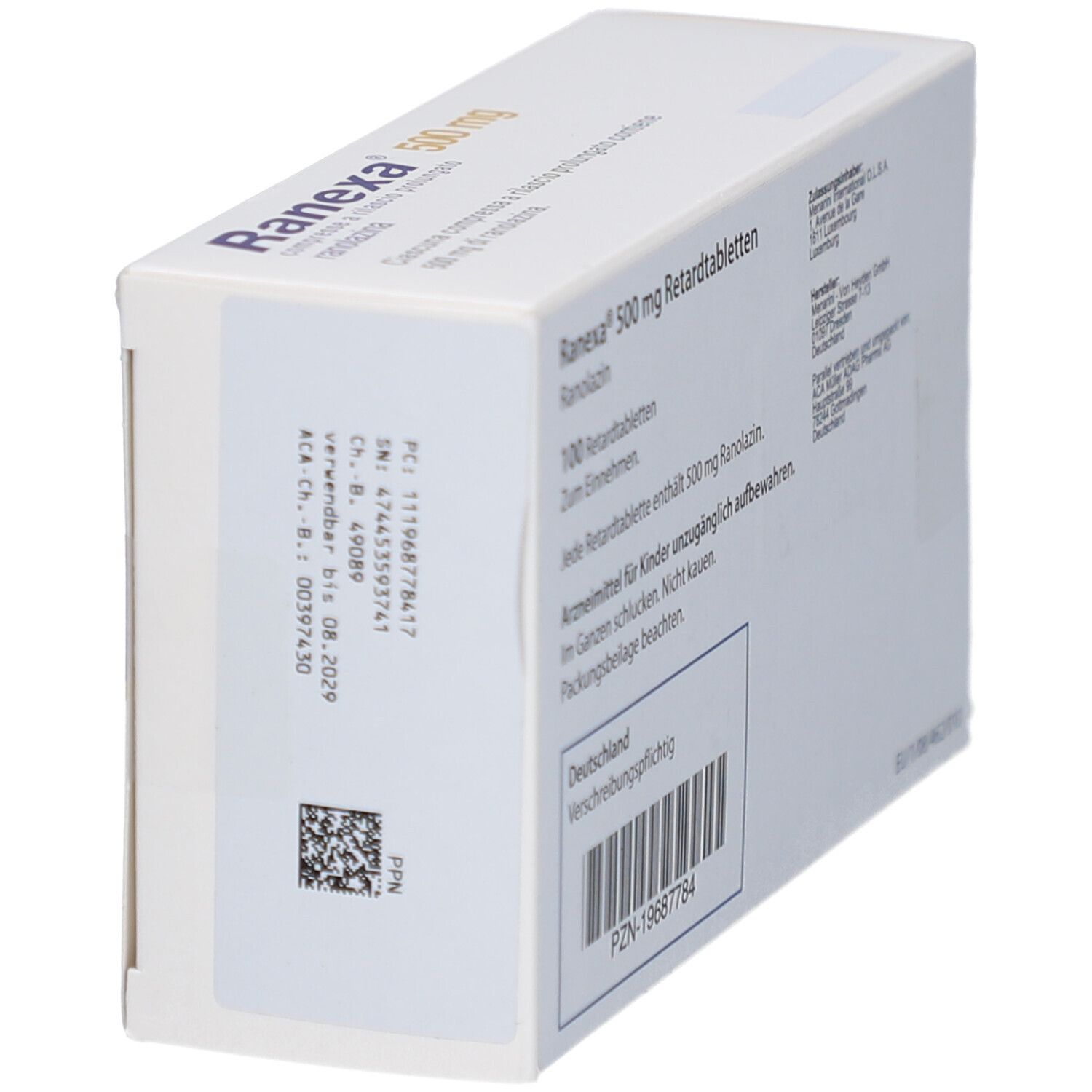 Schachtel RANEXA 500 mg. Seitenansicht mit Barcode und Text. Weiß mit blauen und gelben Elementen.