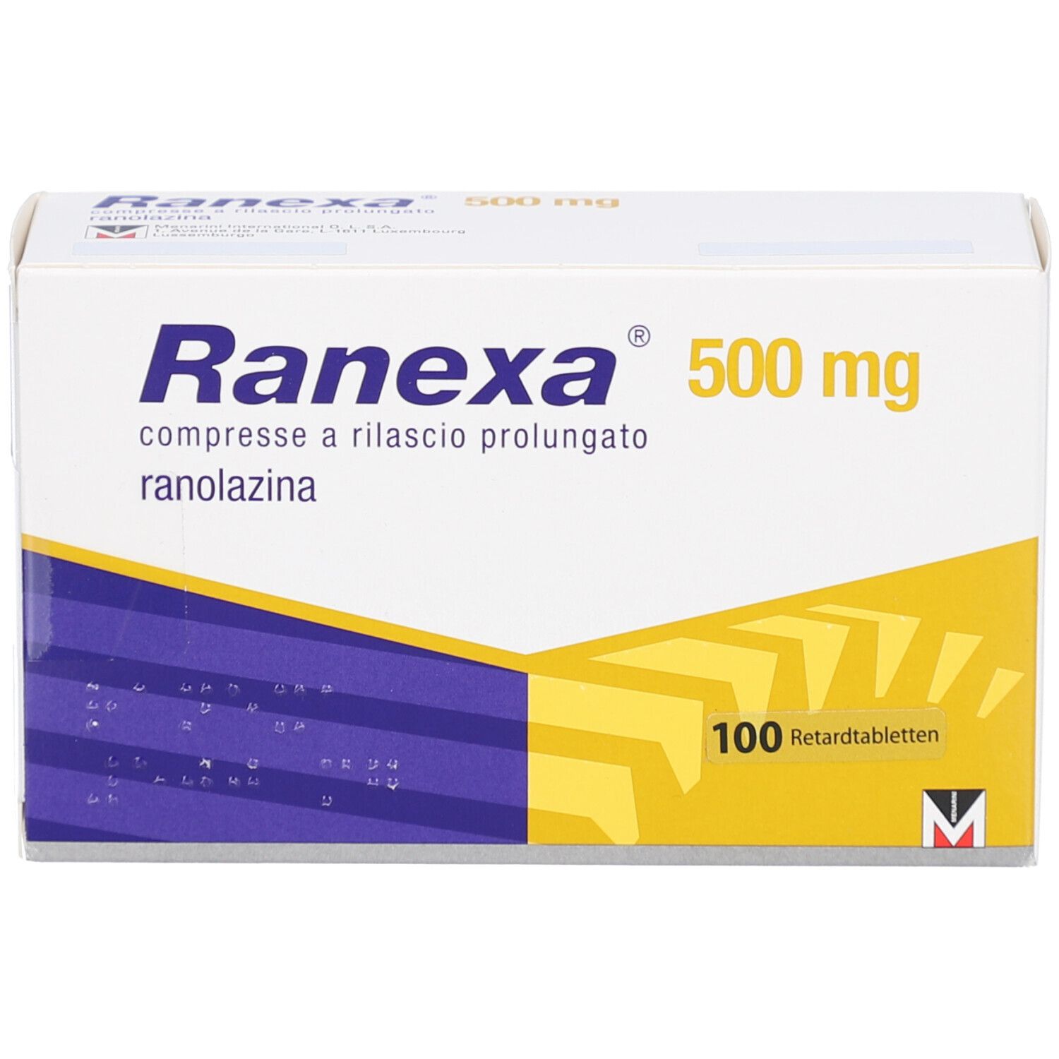 Schachtel RANEXA 500 mg Retardtabletten. Aufschrift: Ranexa, 500 mg, 100 Retardtabletten. Gelb-blaue Farbgebung.