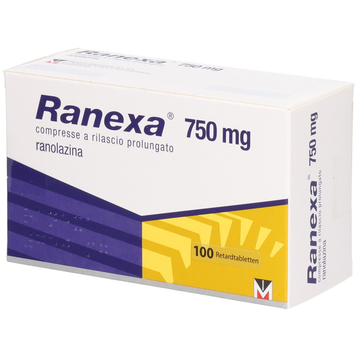 Schachtel RANEXA 750 mg Retardtabletten. Aufschrift: Ranexa, 750 mg, 100 Retardtabletten. Lila und gelbe Muster.