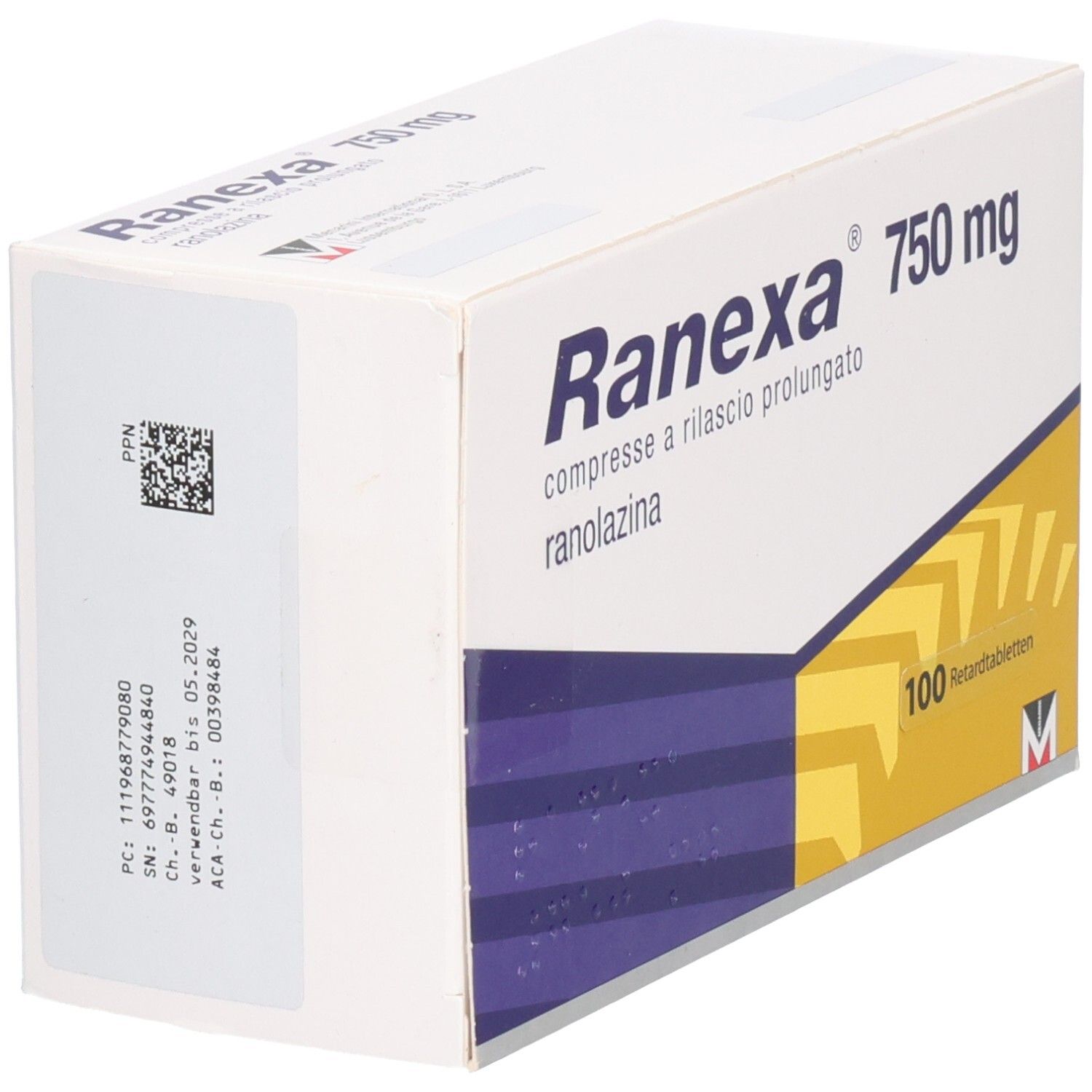 Schachtel RANEXA 750 mg Retardtabletten. Aufschrift: Ranexa, 750 mg. Barcode und weitere Informationen auf der Seite.