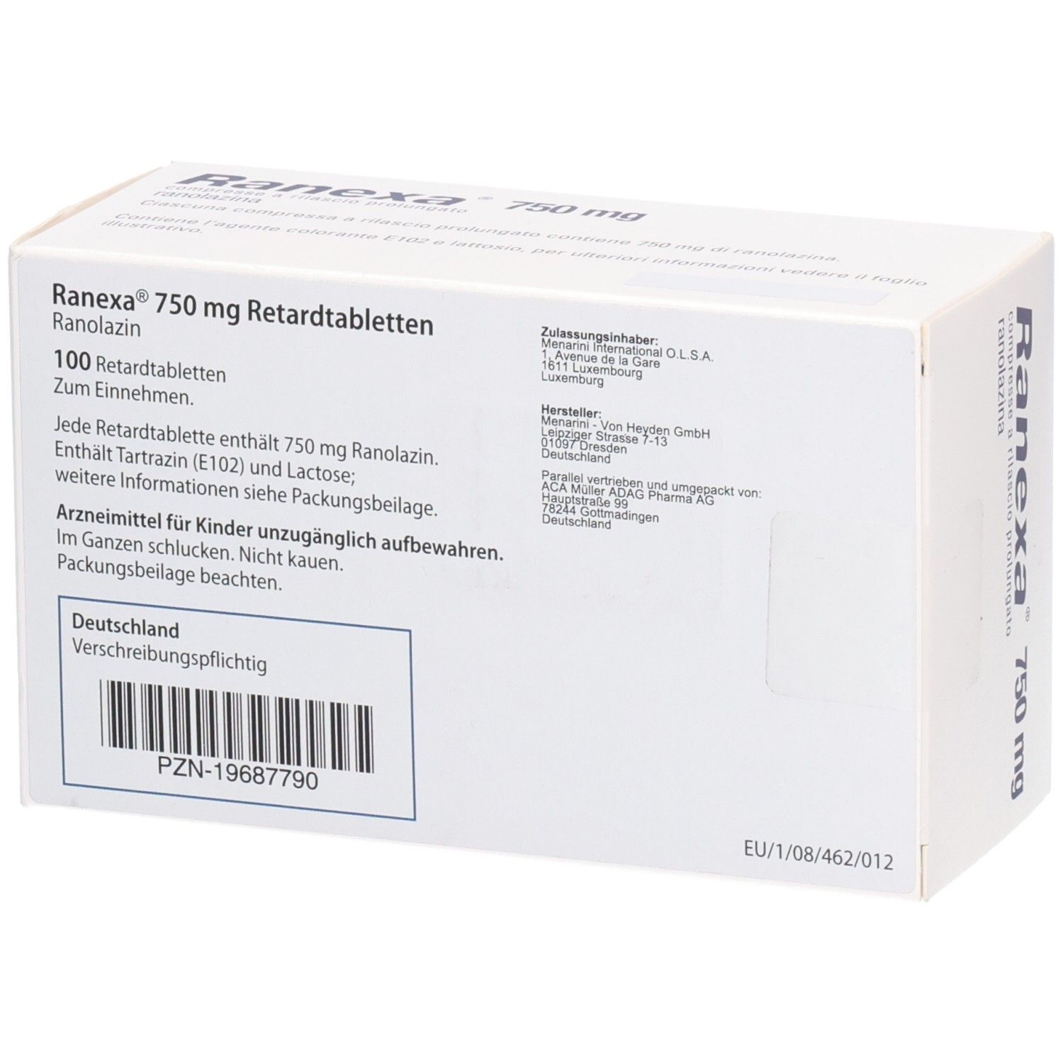 Rückseite der Schachtel RANEXA 750 mg Retardtabletten. Textinformationen, PZN-Nummer, und Herstellerangaben.
